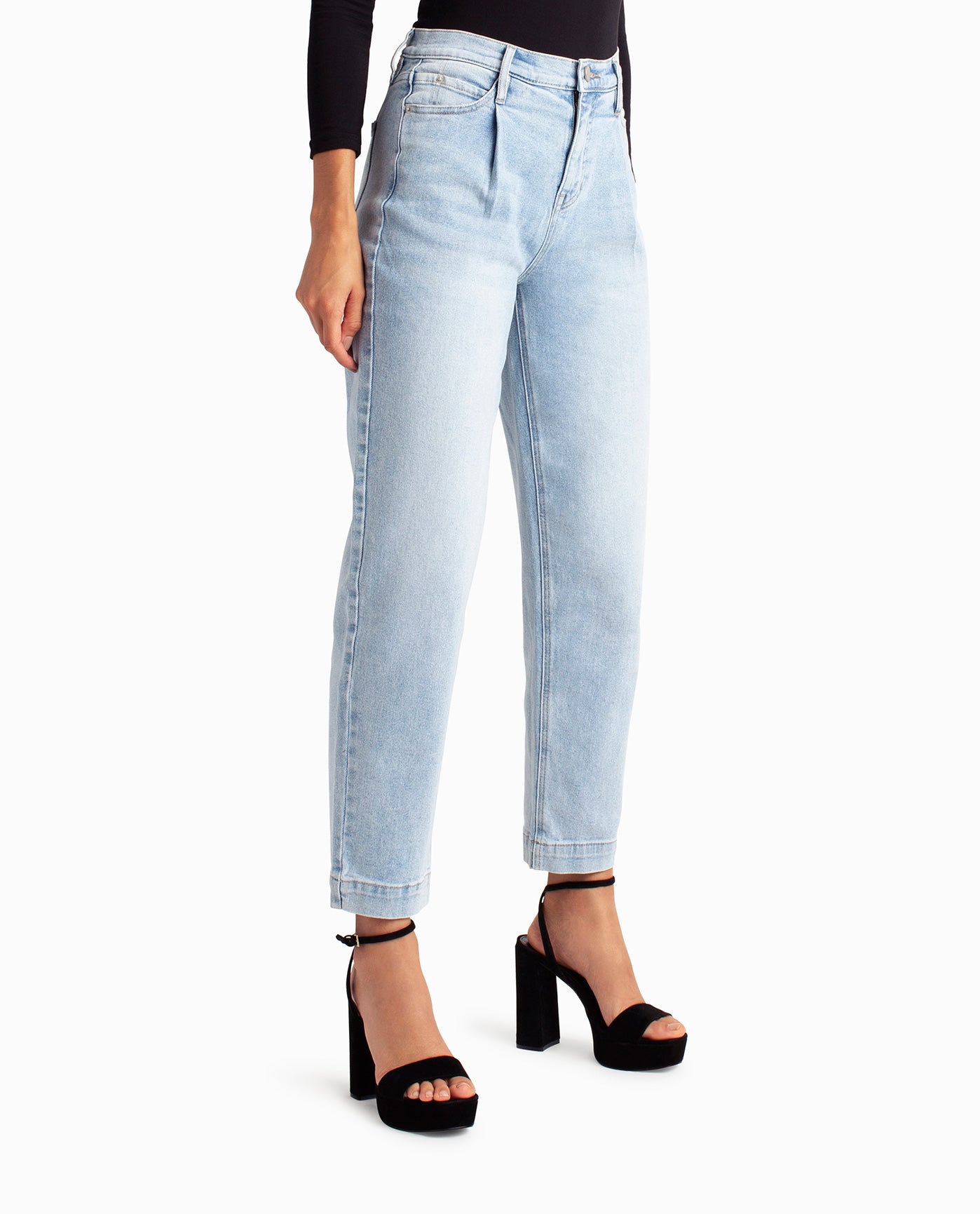 Side View View Of Nicole Miller Sutton Place High Rise Pleated Taper Jean | NM LIGHT BLUE