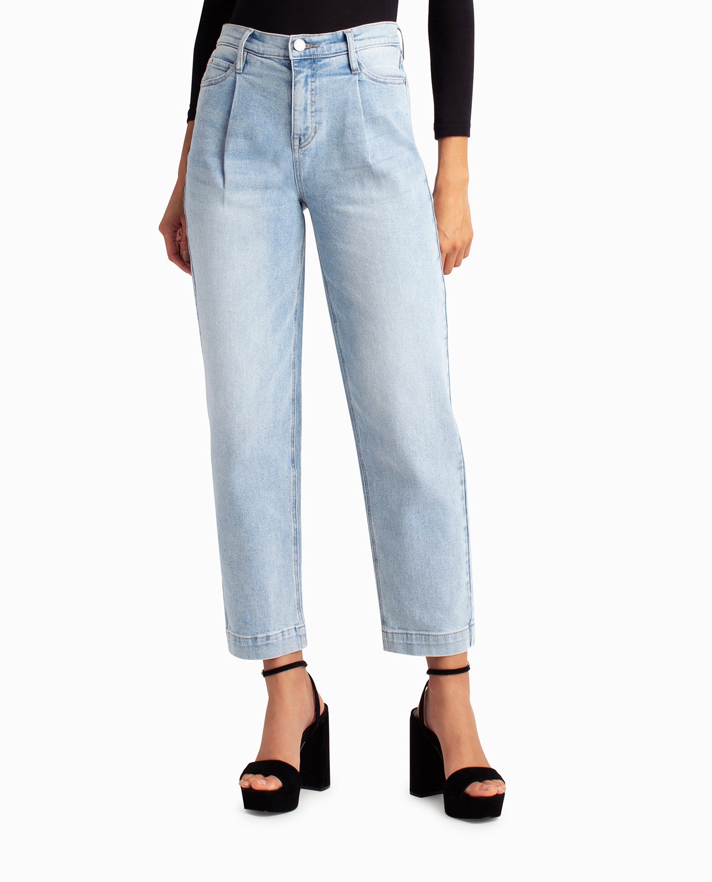 Front View Of Nicole Miller Sutton Place High Rise Pleated Taper Jean | NM LIGHT BLUE