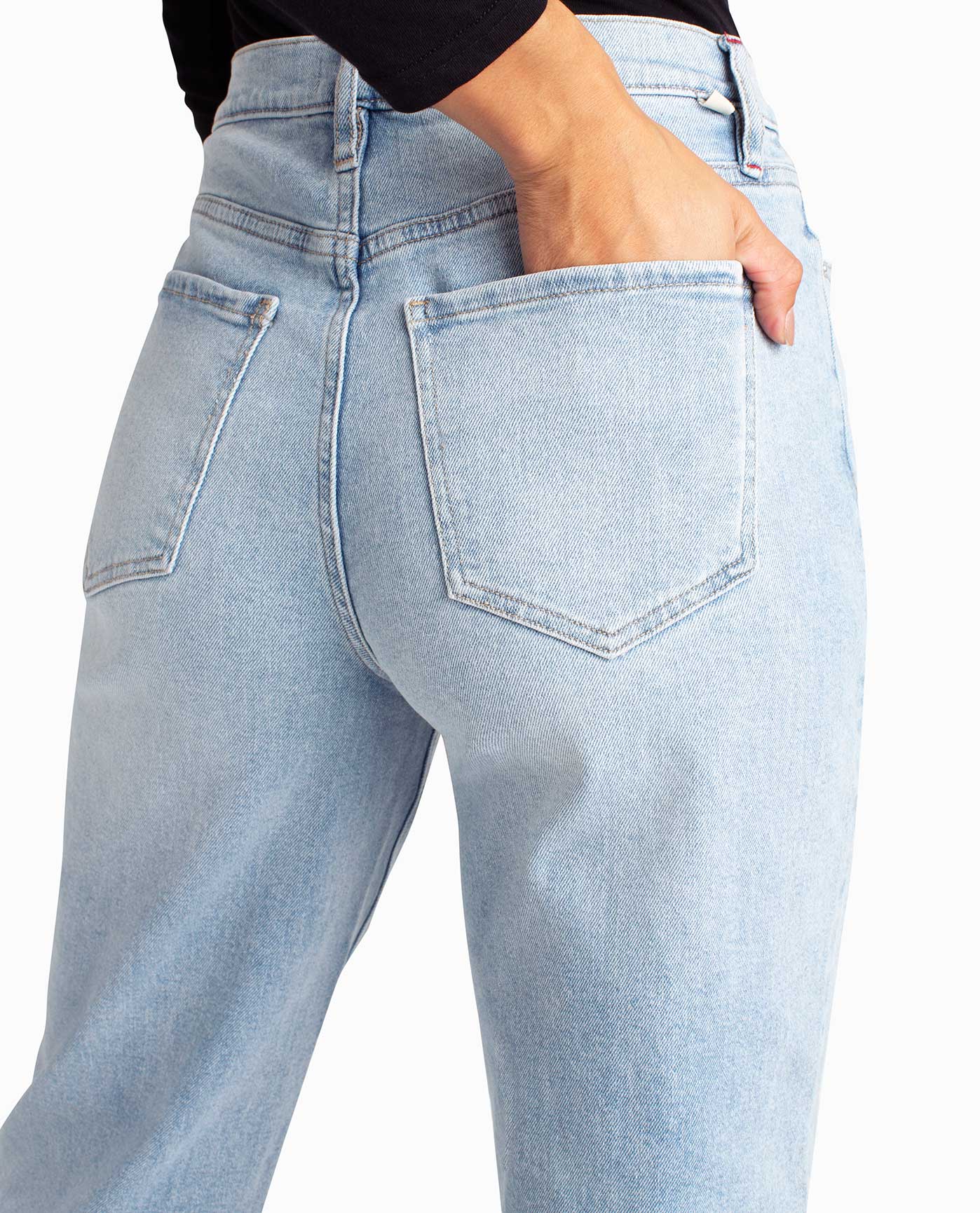 Front Detail View Of Nicole Miller Sutton Place High Rise Pleated Taper Jean | NM LIGHT BLUE