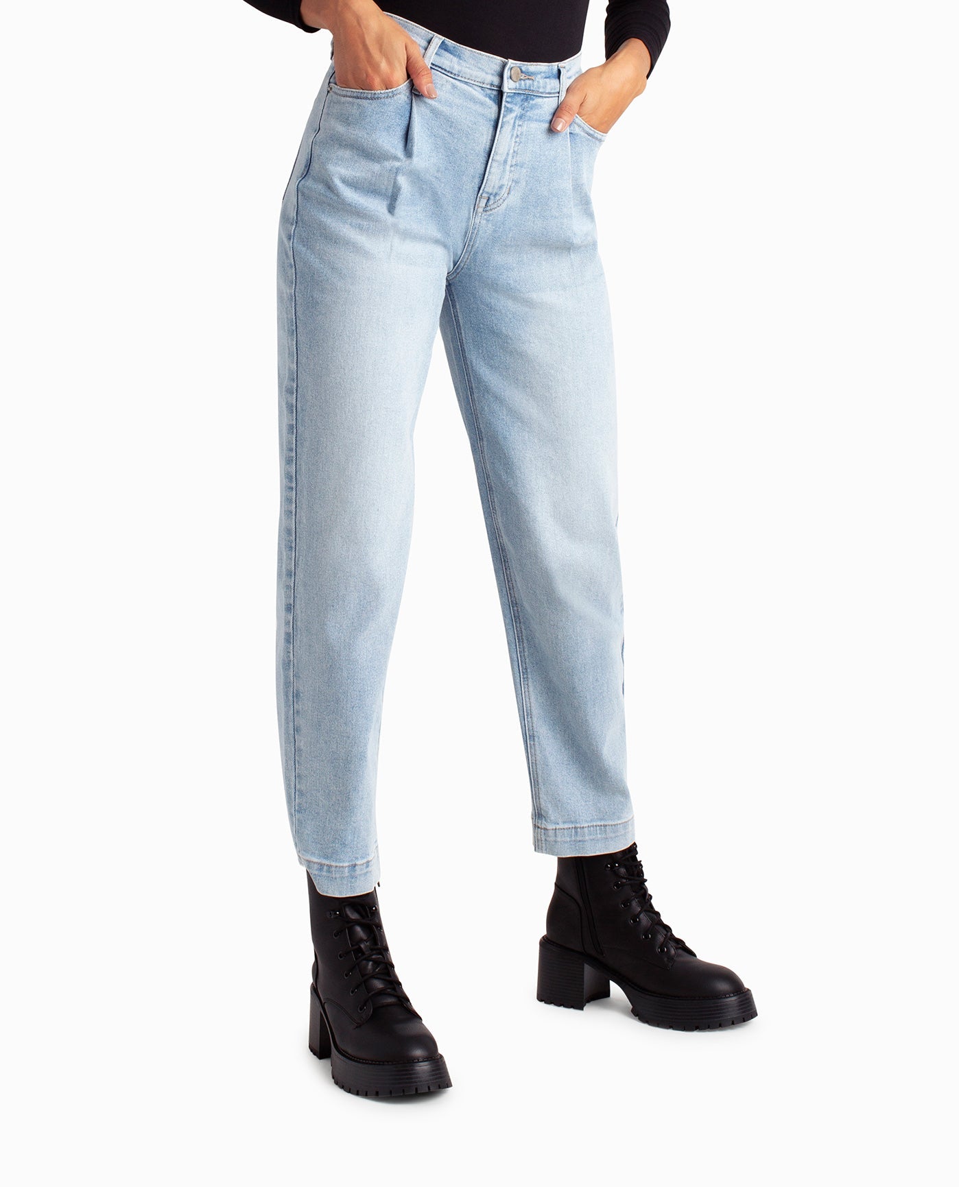 Alternate Front View Of Nicole Miller Sutton Place High Rise Pleated Taper Jean | NM LIGHT BLUE