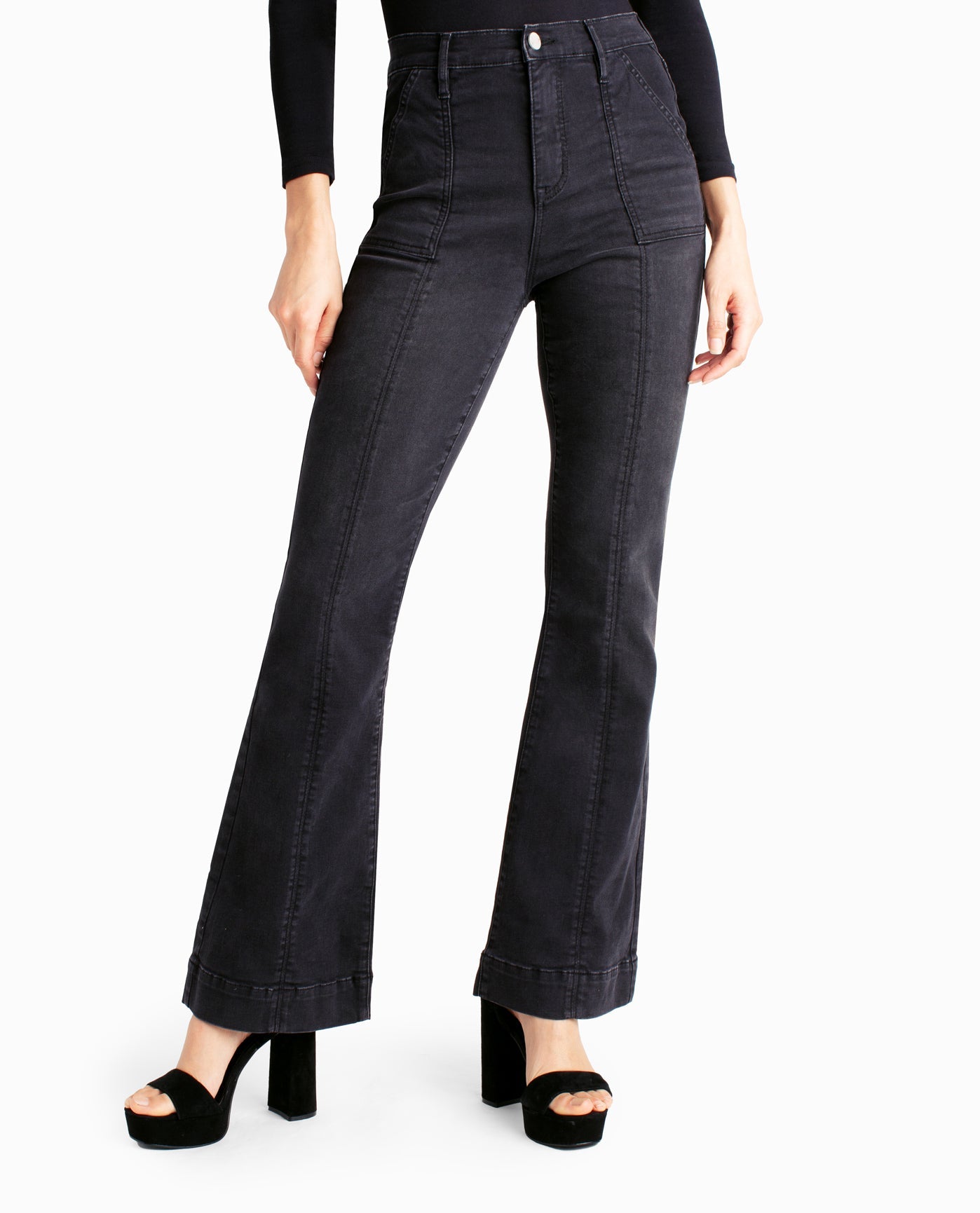 Front View Of Nicole Miller Harlem High Rise Flare Jean | NM BLACK