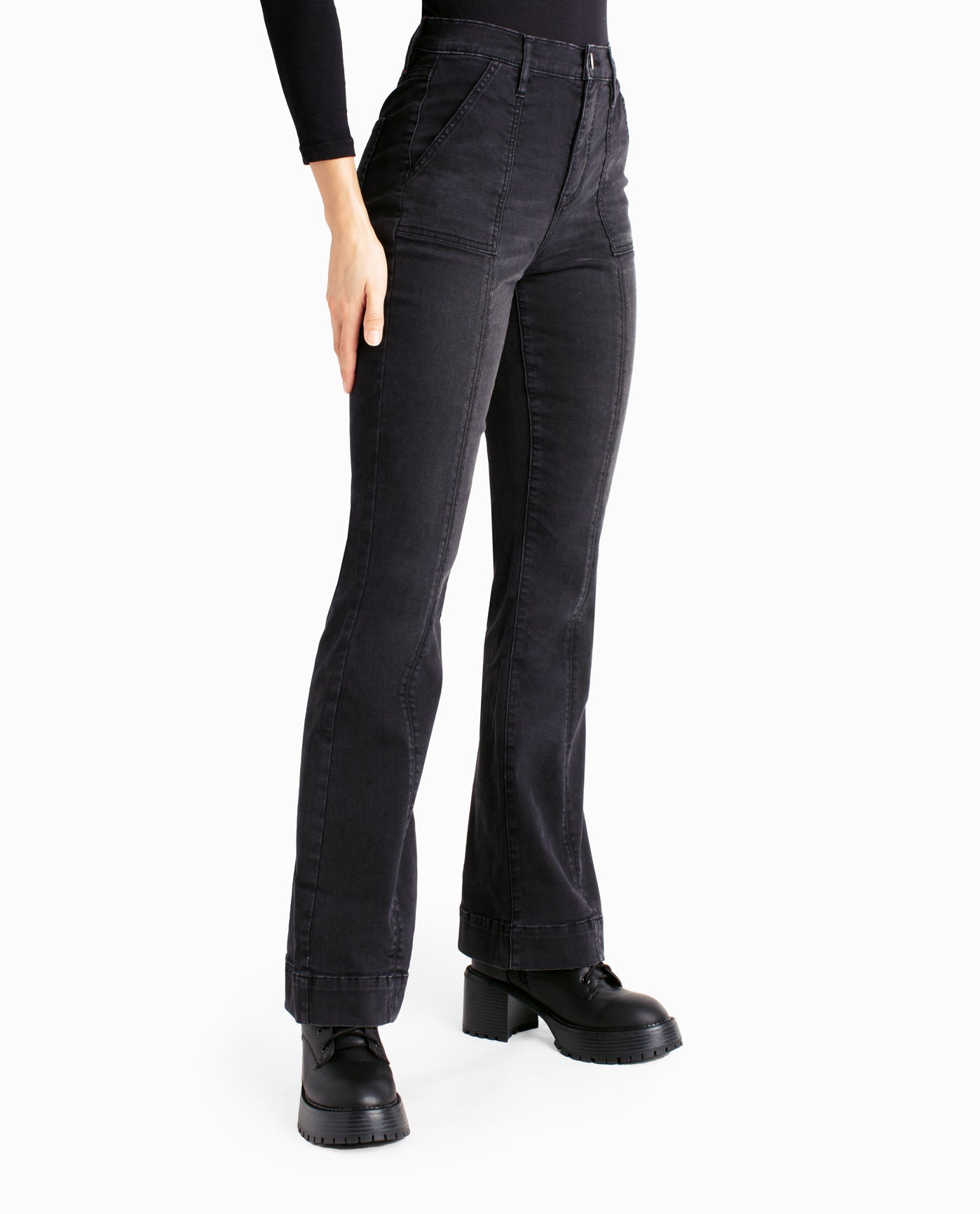 Side View View Of Nicole Miller Harlem High Rise Flare Jean | NM BLACK