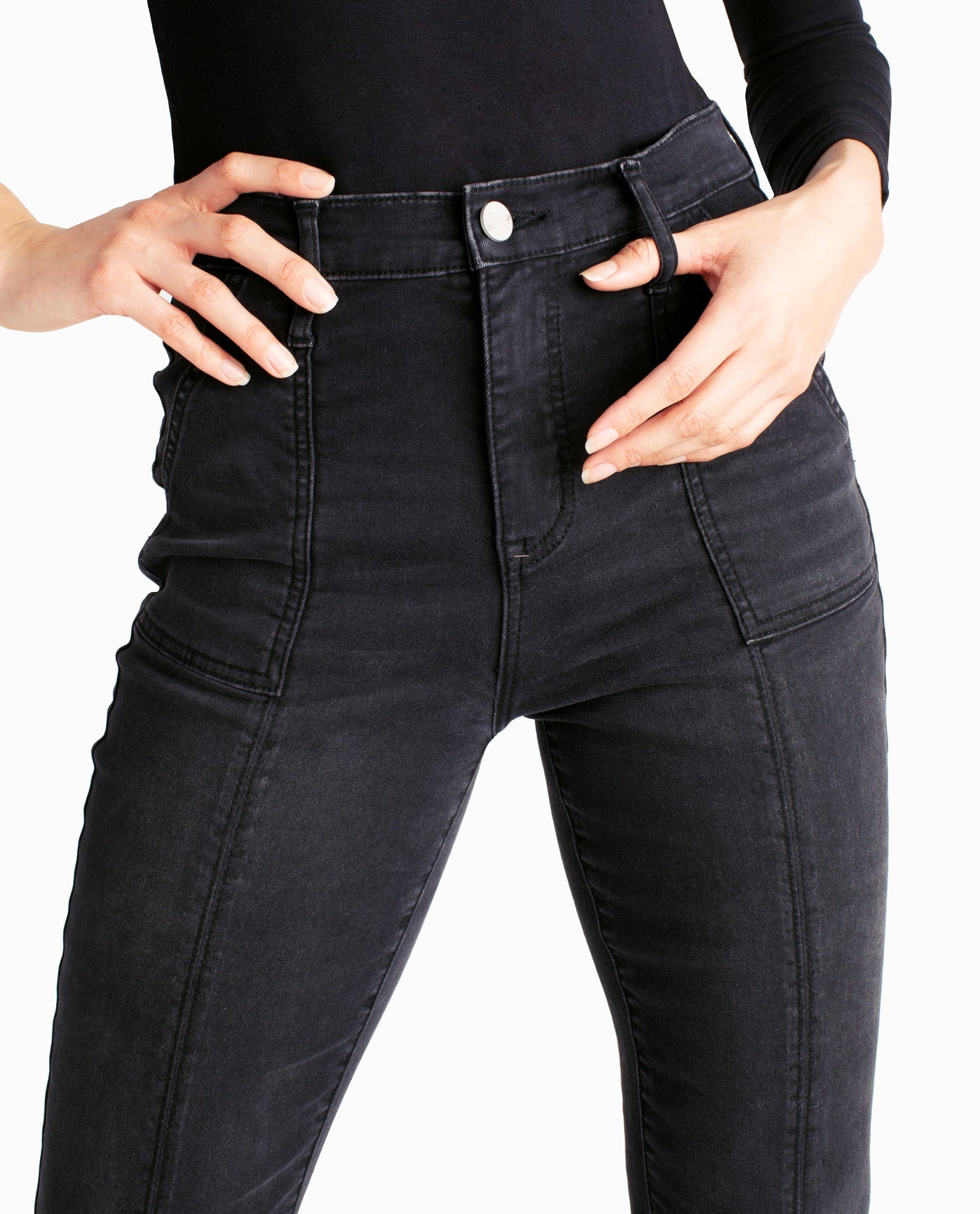 Front Detail View Of Nicole Miller Harlem High Rise Flare Jean | NM BLACK