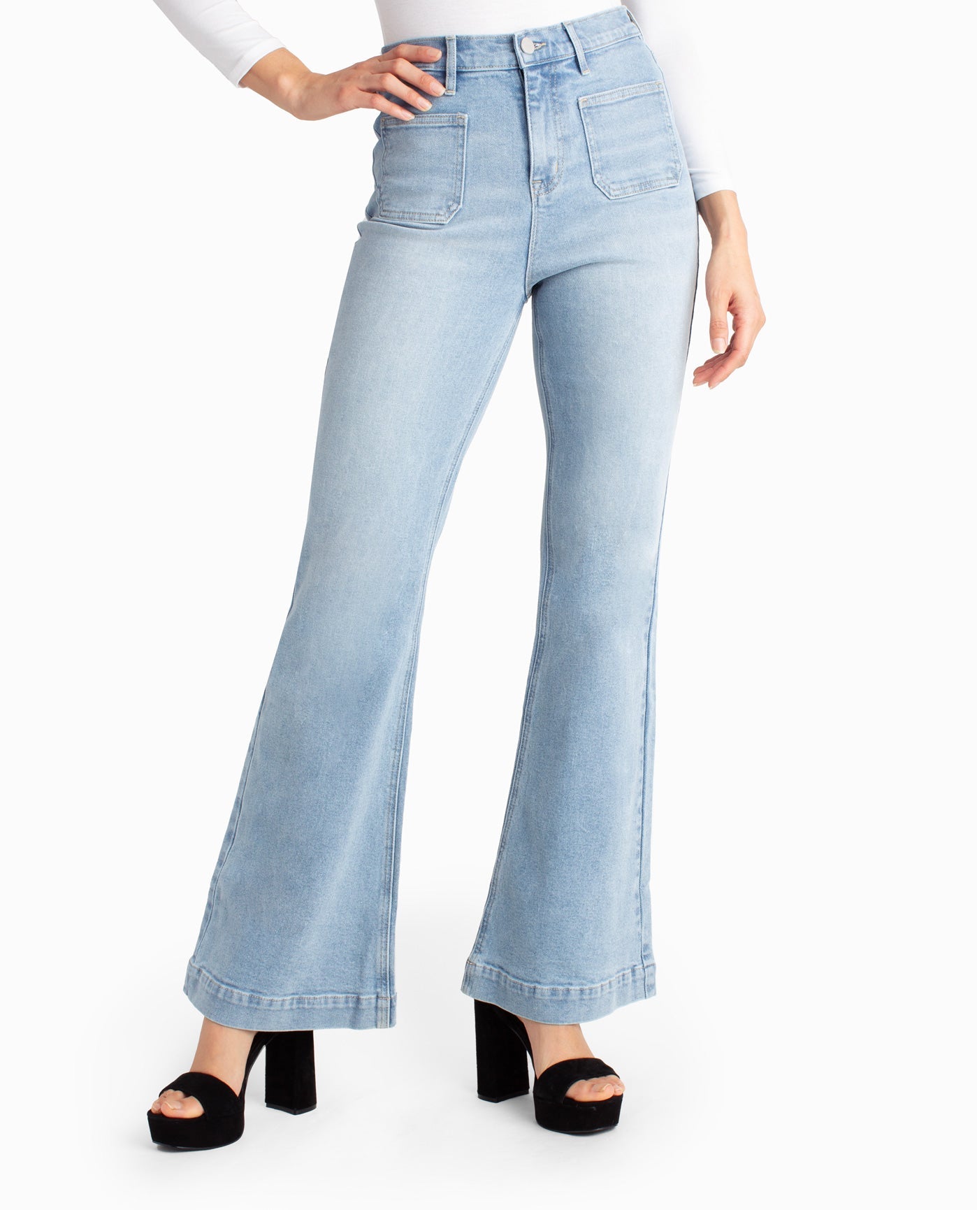 Front View Of Nicole Miller Sutton Place High Rise Flare Jean | NM LIGHT BLUE