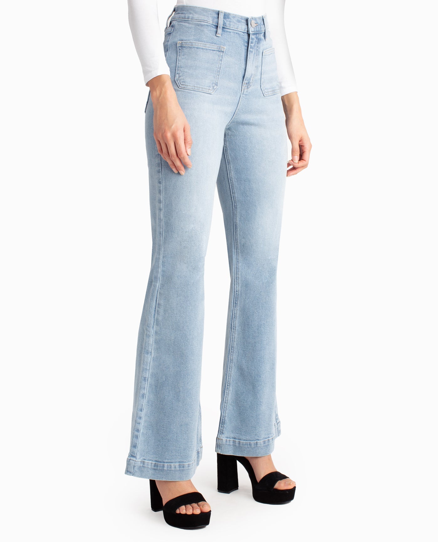 Side View View Of Nicole Miller Sutton Place High Rise Flare Jean | NM LIGHT BLUE