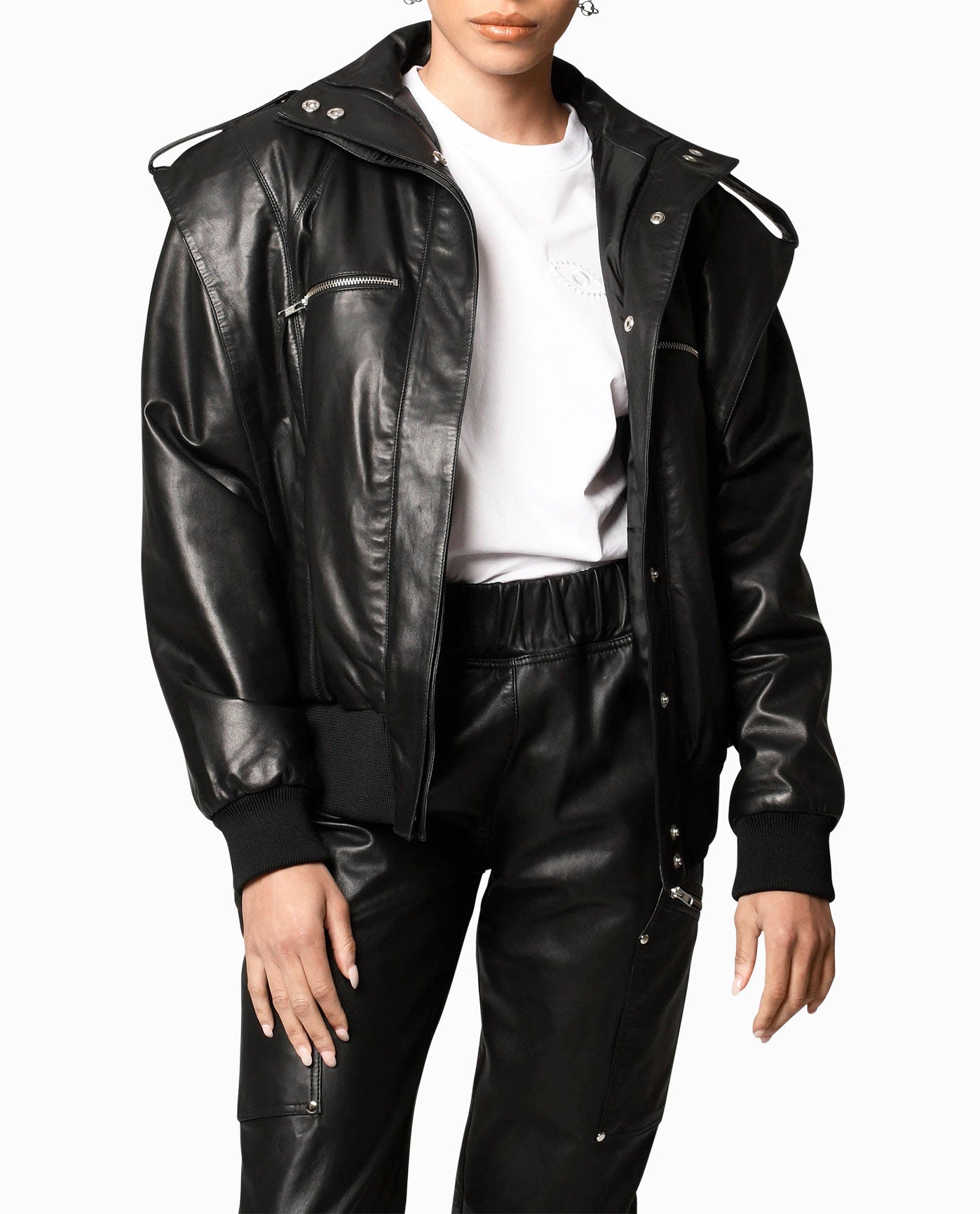 Front View Of Nicole Miller Leather Space Jacket | NM BLACK