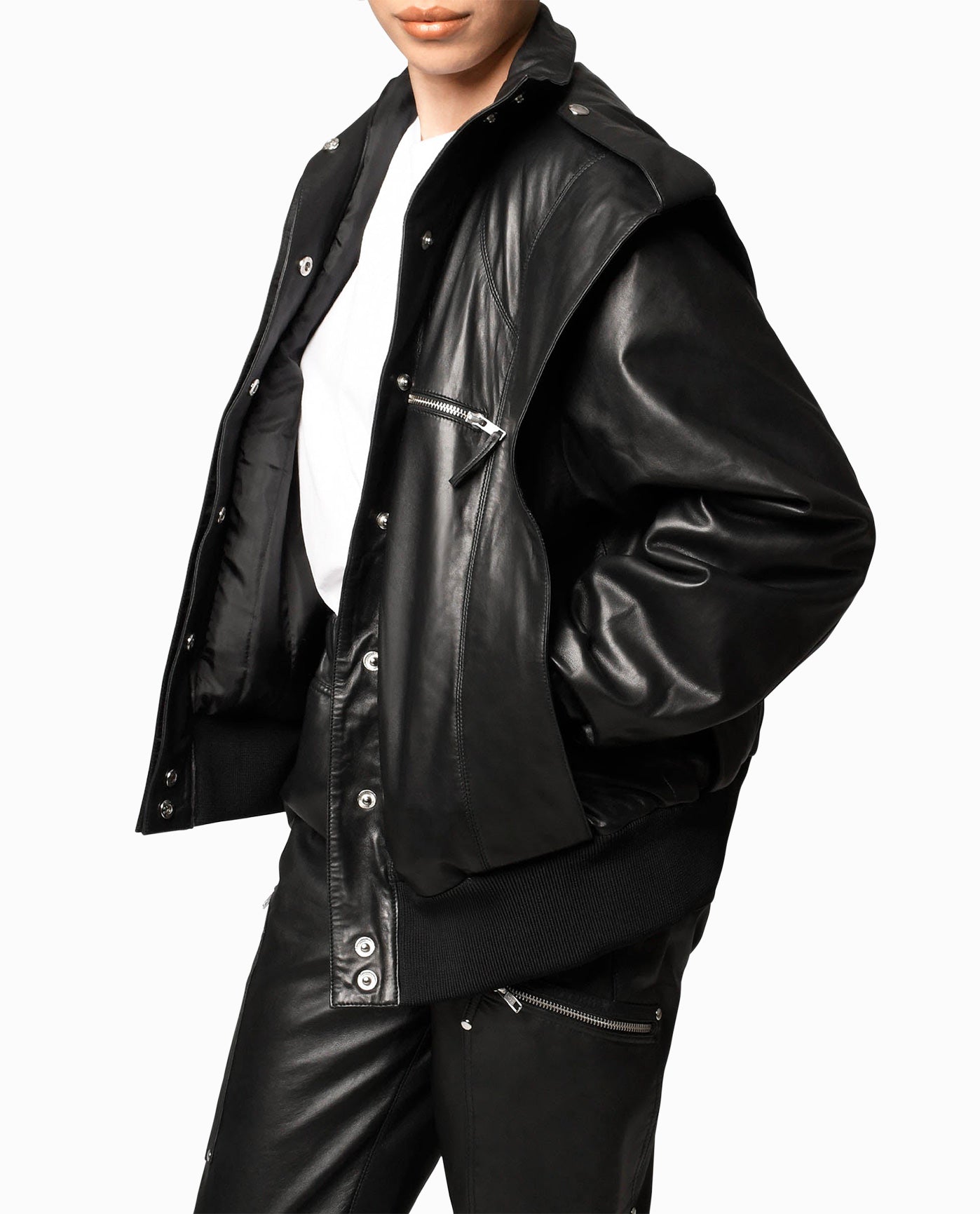 Side View View Of Nicole Miller Leather Space Jacket | NM BLACK