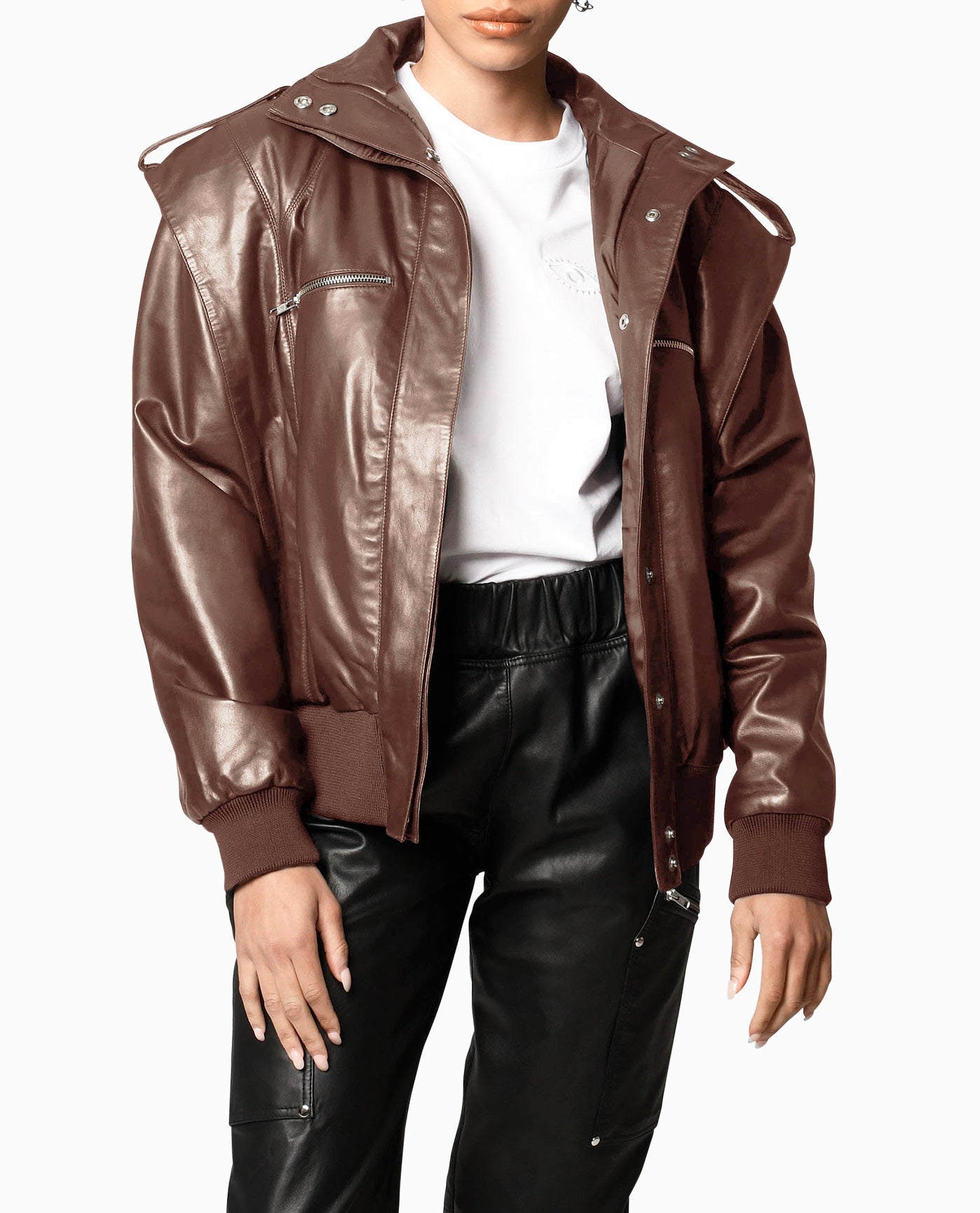 Front View Of Nicole Miller Leather Space Jacket | NM BROWN