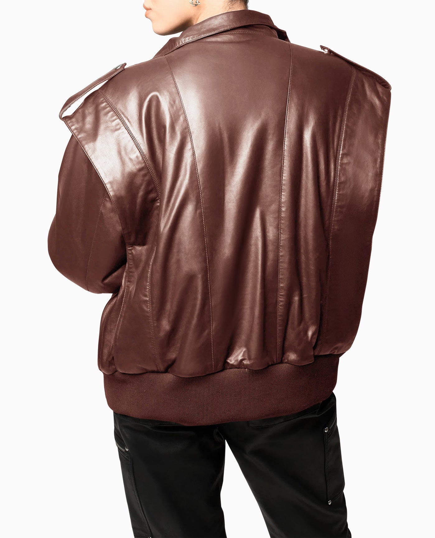 Back View Of Nicole Miller Leather Space Jacket | NM BROWN