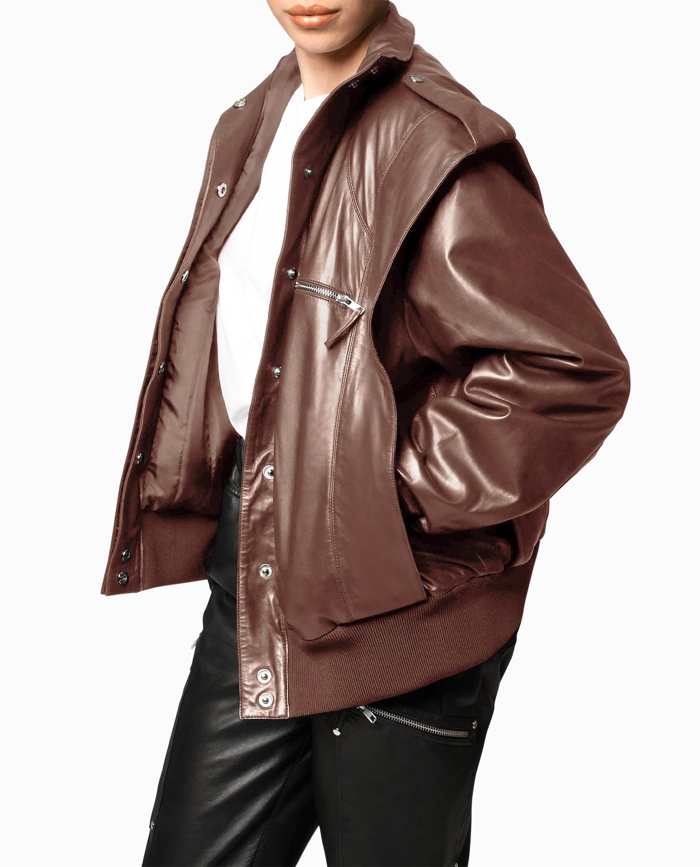 Side View View Of Nicole Miller Leather Space Jacket | NM BROWN