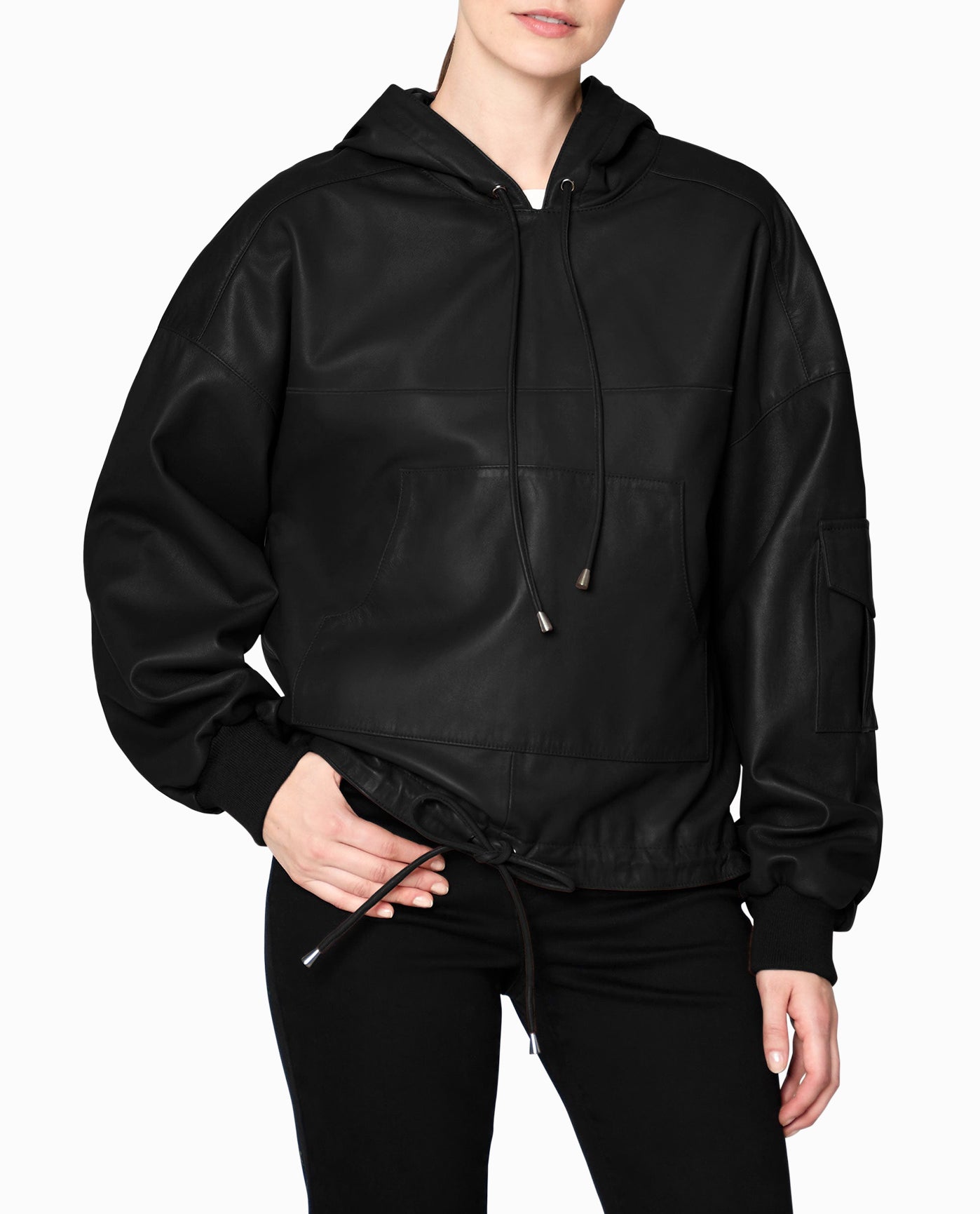 Front View Of Nicole Miller Leather Space Hoodie | NM BLACK