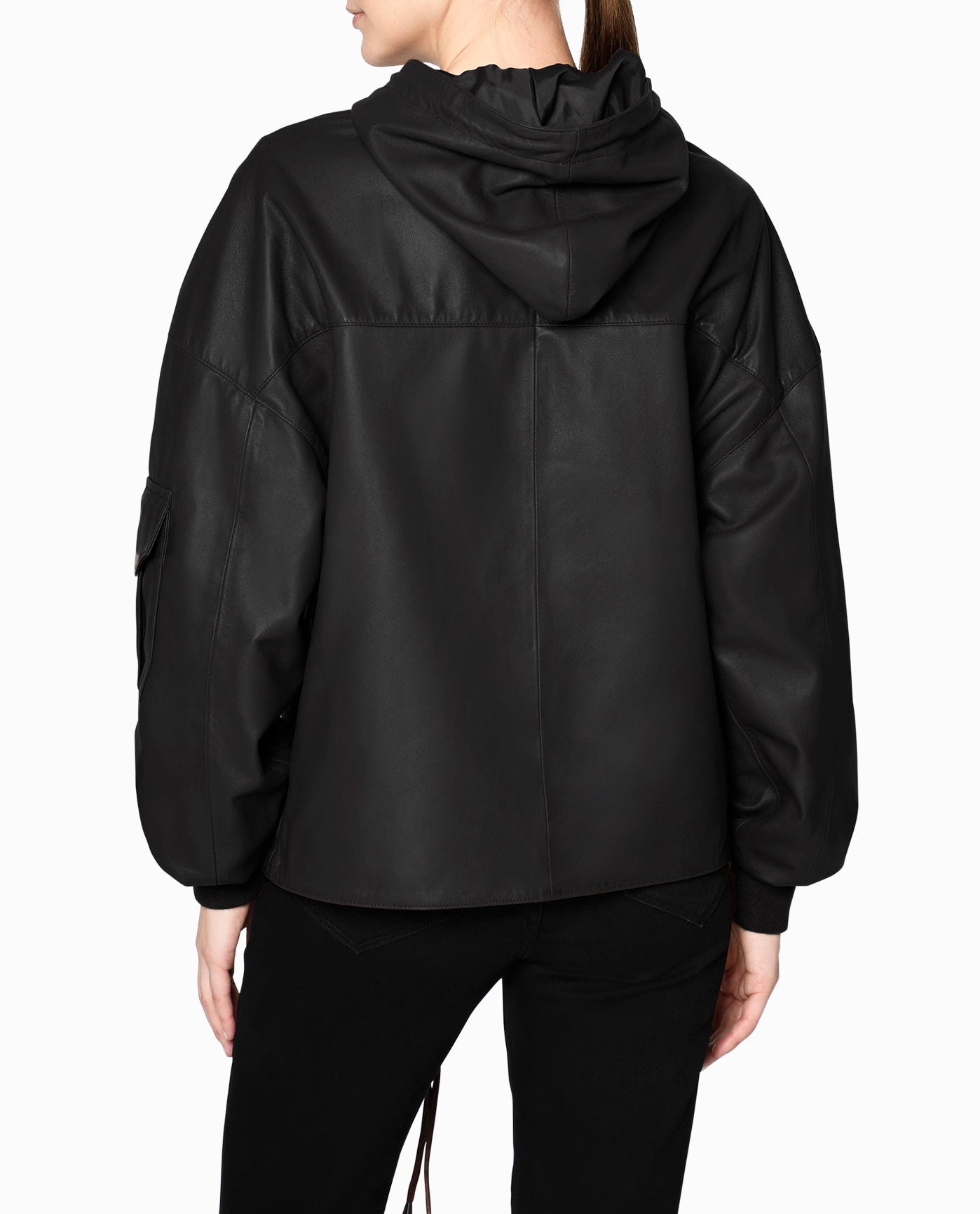 Back View Of Nicole Miller Leather Space Hoodie | NM BLACK