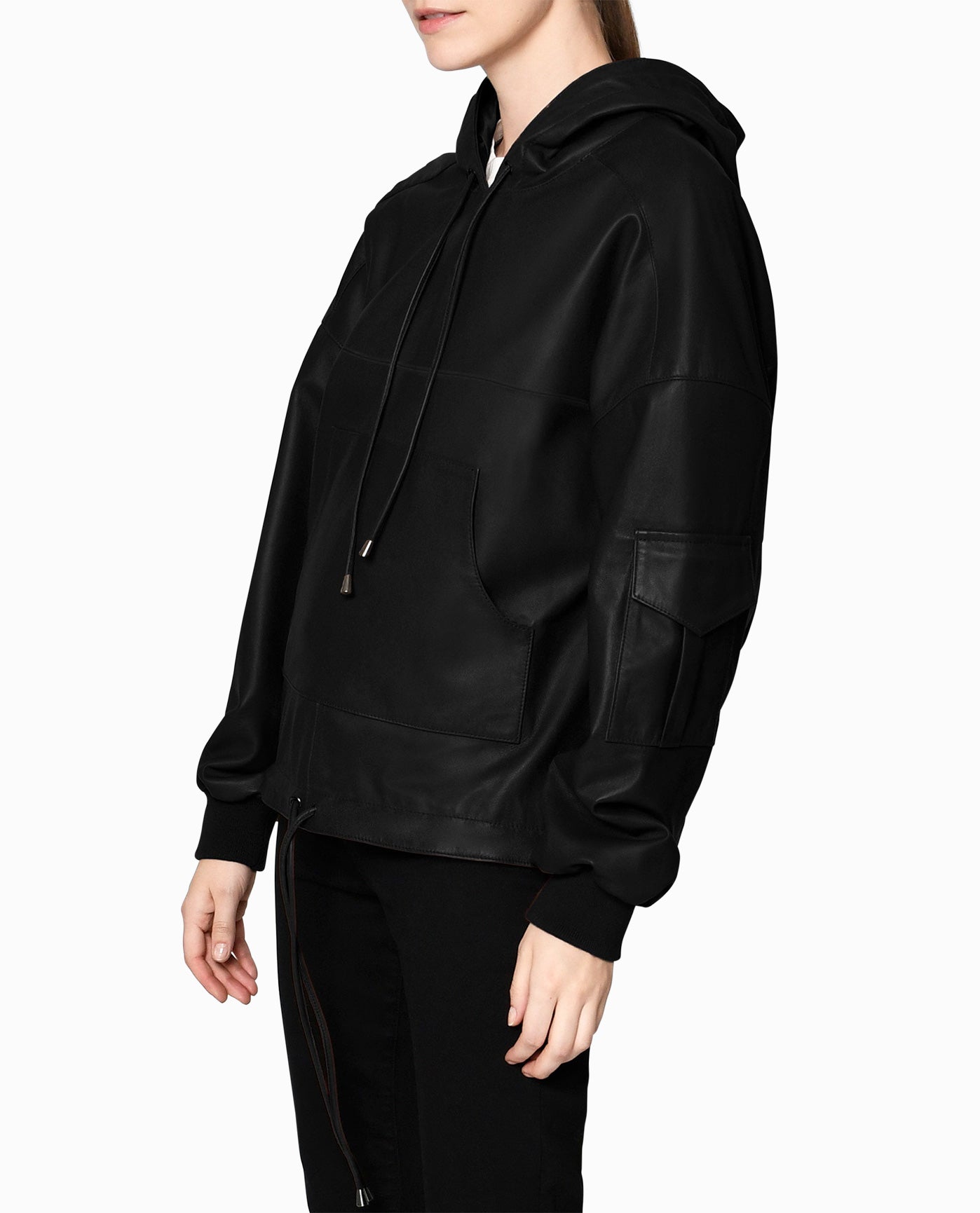 Side View View Of Nicole Miller Leather Space Hoodie | NM BLACK