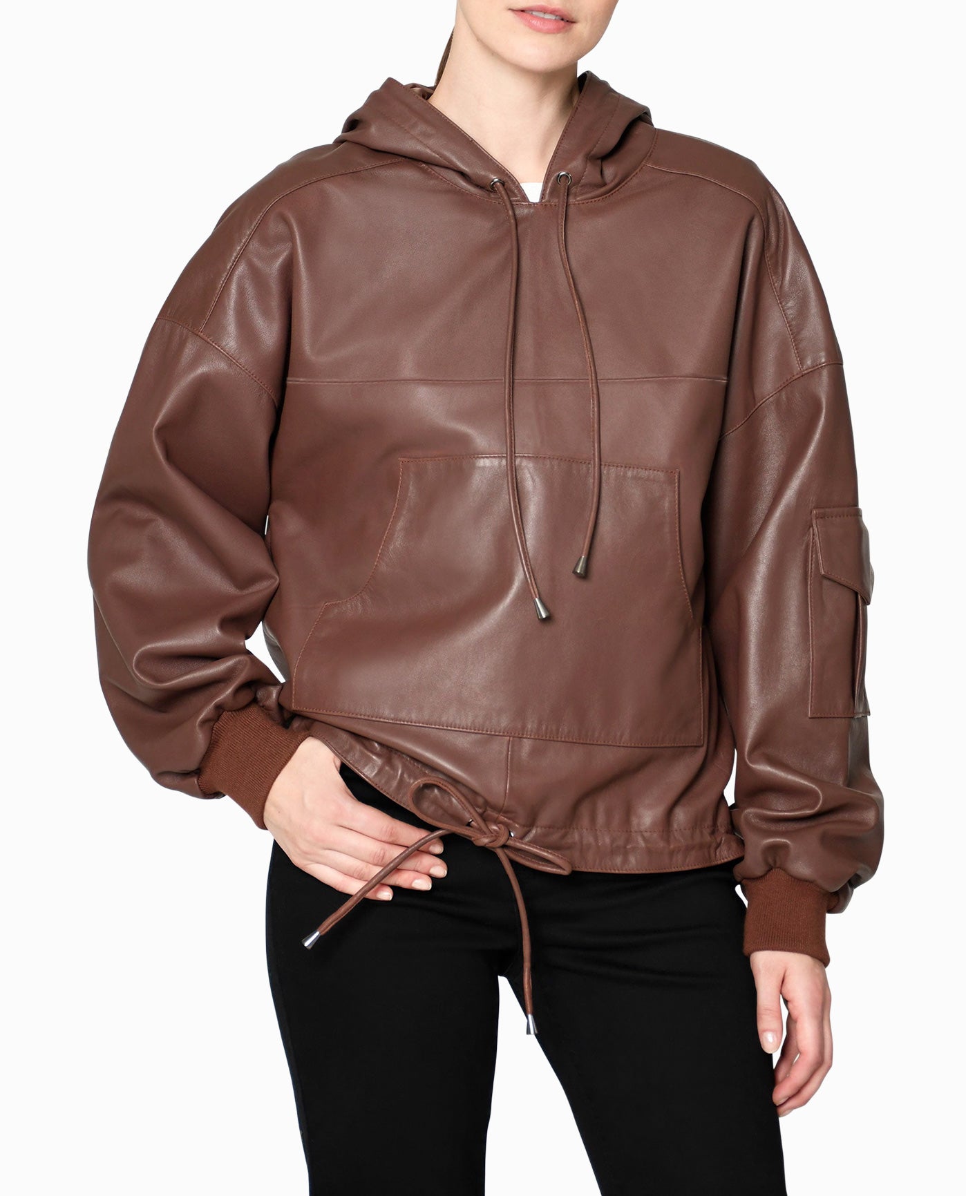 Front View Of Nicole Miller Leather Space Hoodie | NM BROWN