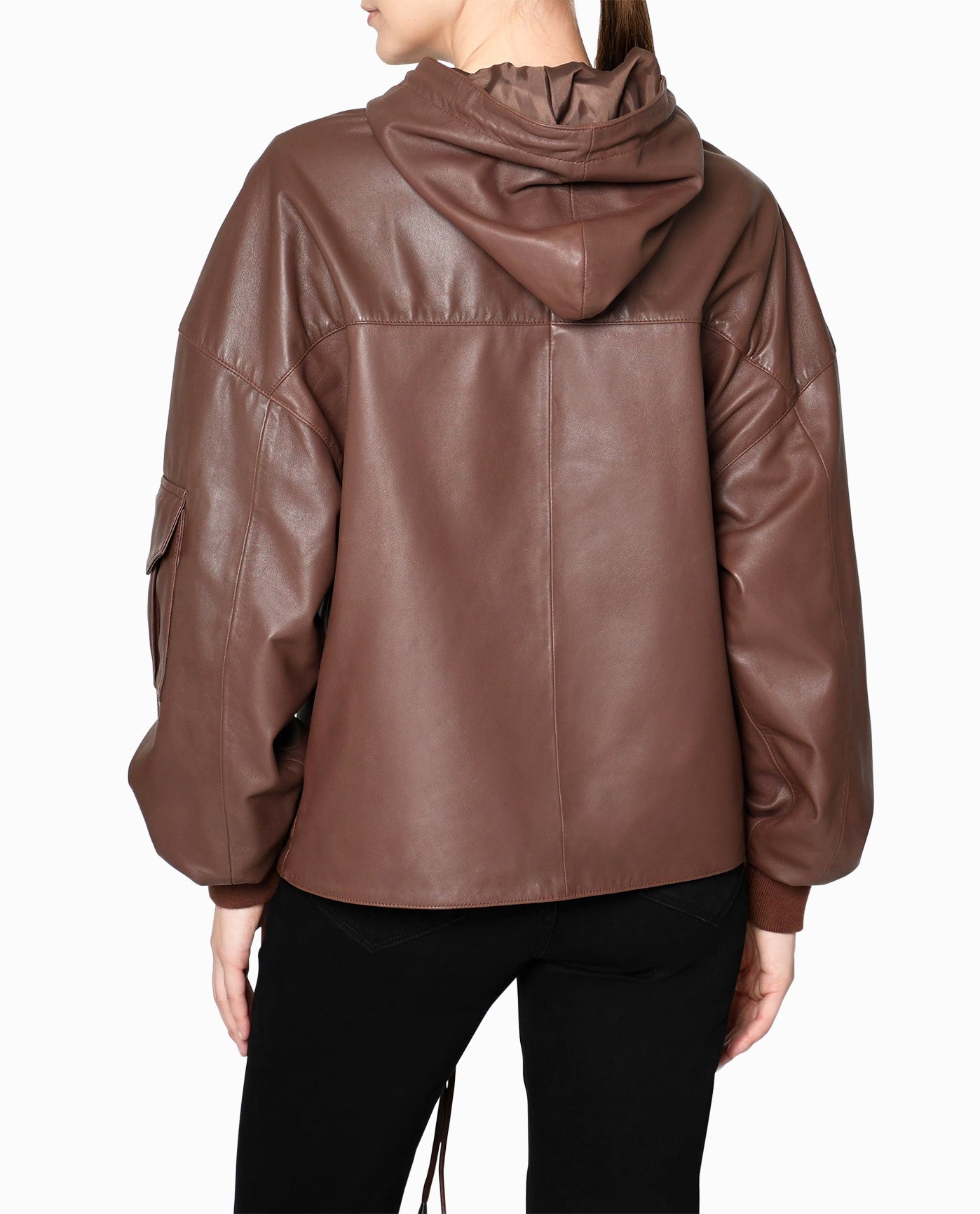 Back View Of Nicole Miller Leather Space Hoodie | NM BROWN