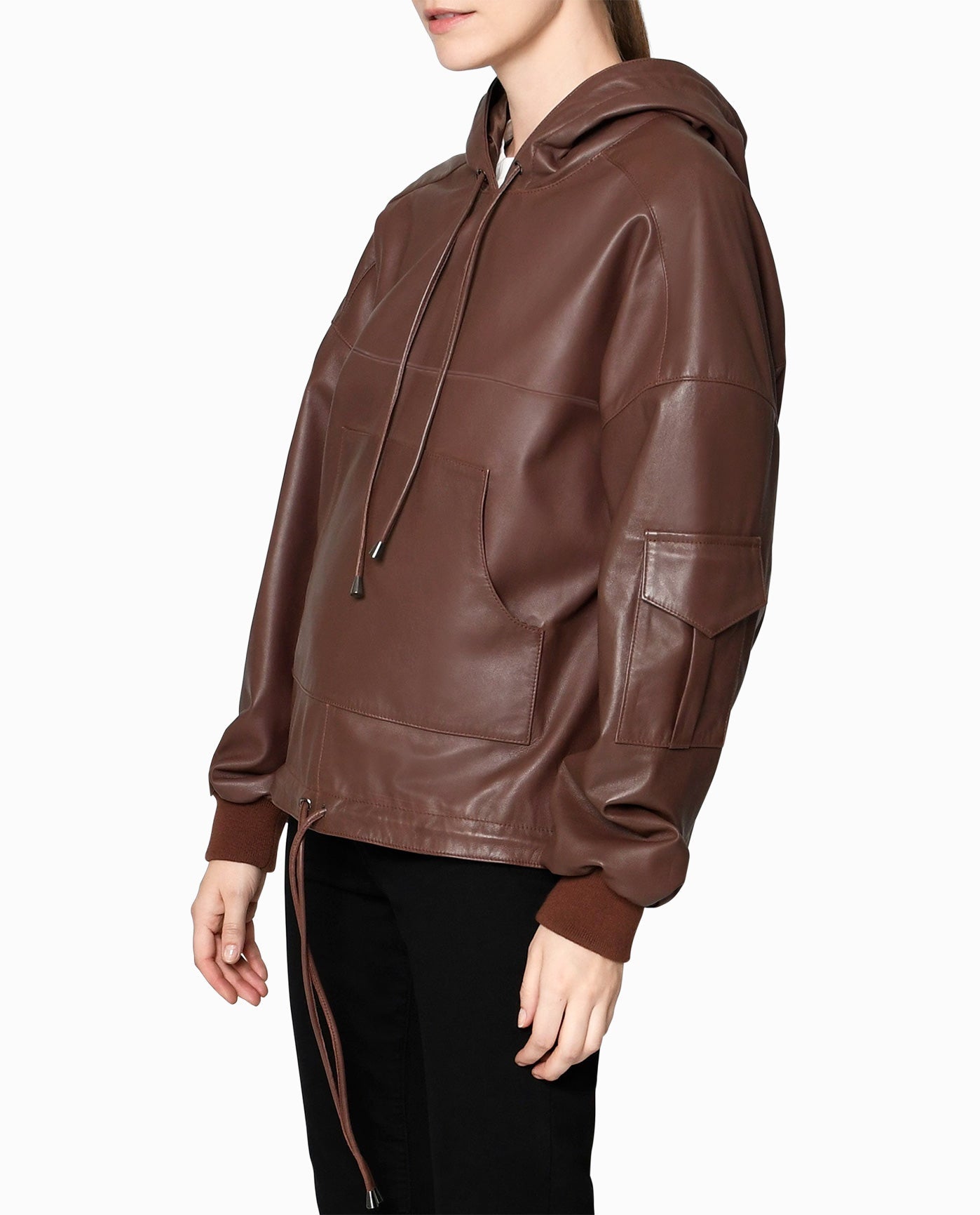 Side View View Of Nicole Miller Leather Space Hoodie | NM BROWN