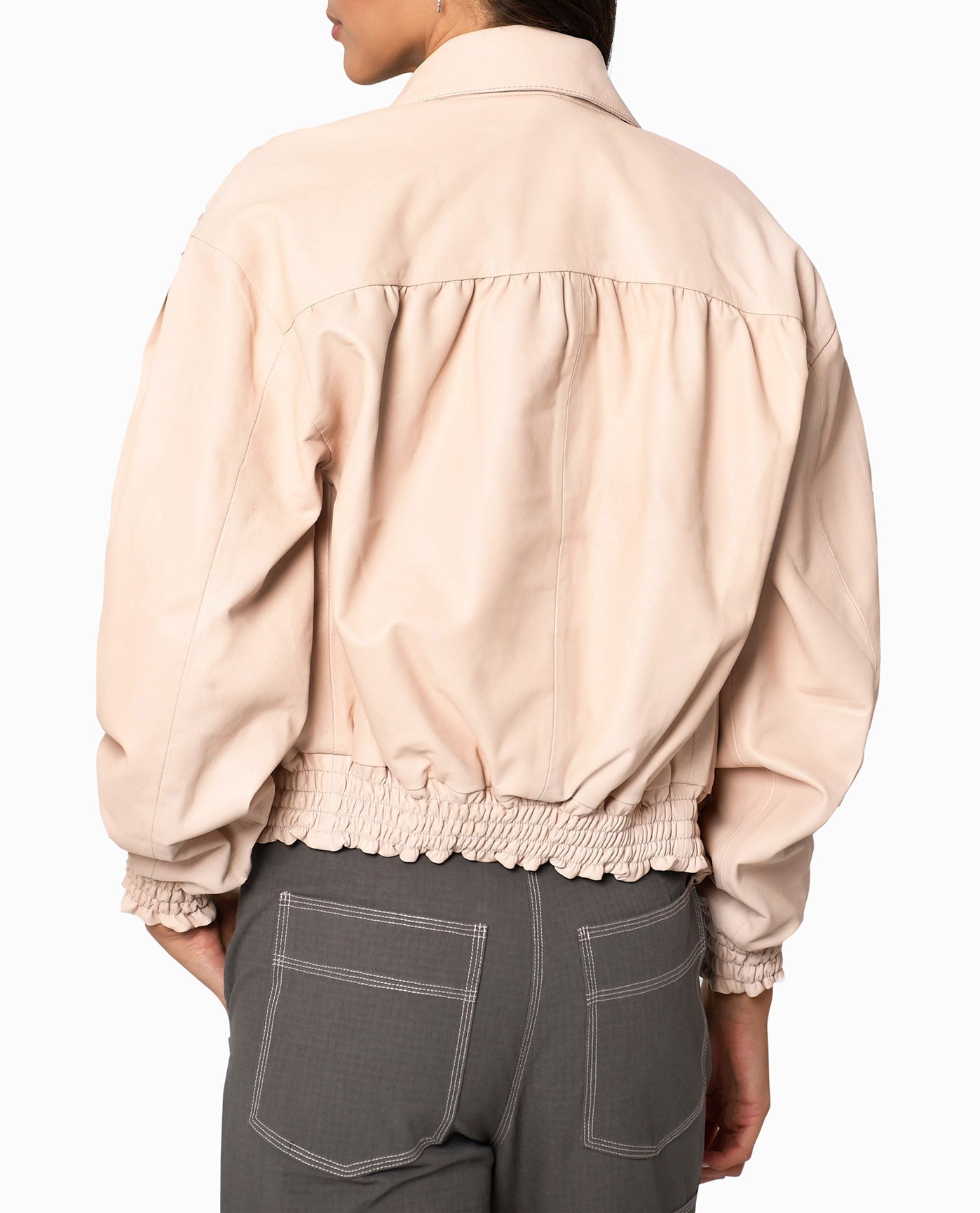 Back View Of Nicole Miller Collared Leather Jacket | NM BLUSH