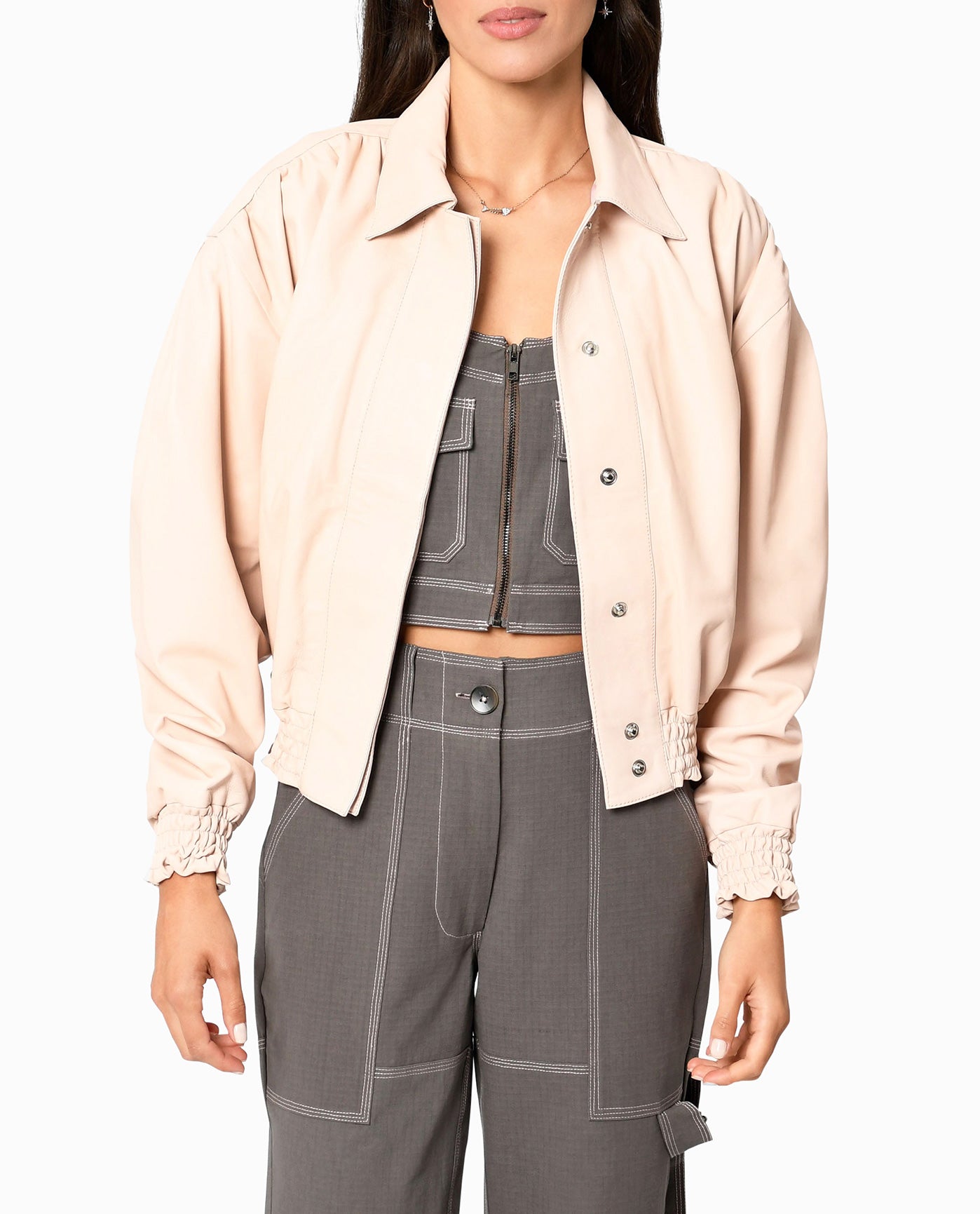 Front View Of Nicole Miller Collared Leather Jacket | NM BLUSH