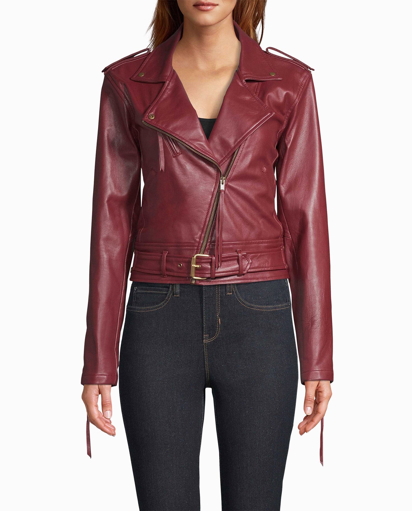 Front View Of Nicole Miller Leather Moto Jacket | NM BURGUNDY