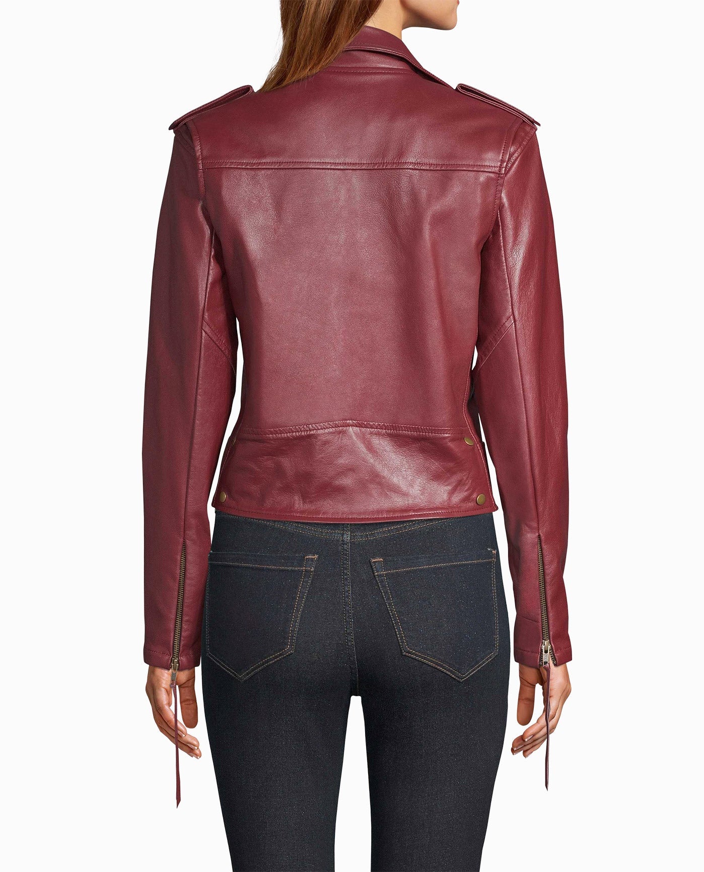 Back View Of Nicole Miller Leather Moto Jacket | NM BURGUNDY