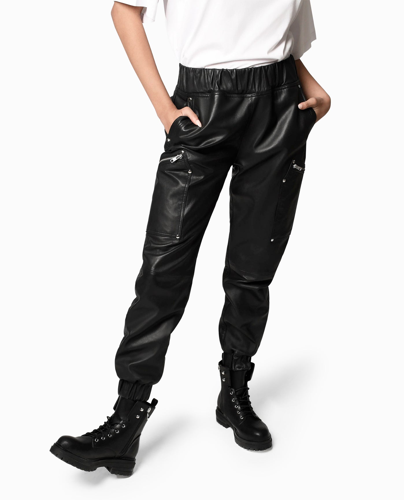 Front View Of Nicole Miller Leather Space Jogger | NM BLACK