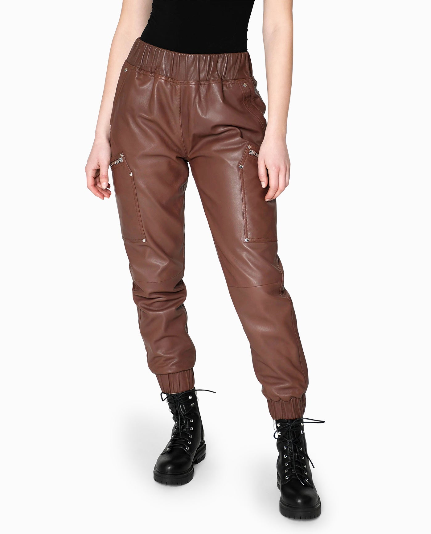 Front View Of Nicole Miller Leather Space Jogger | NM BROWN