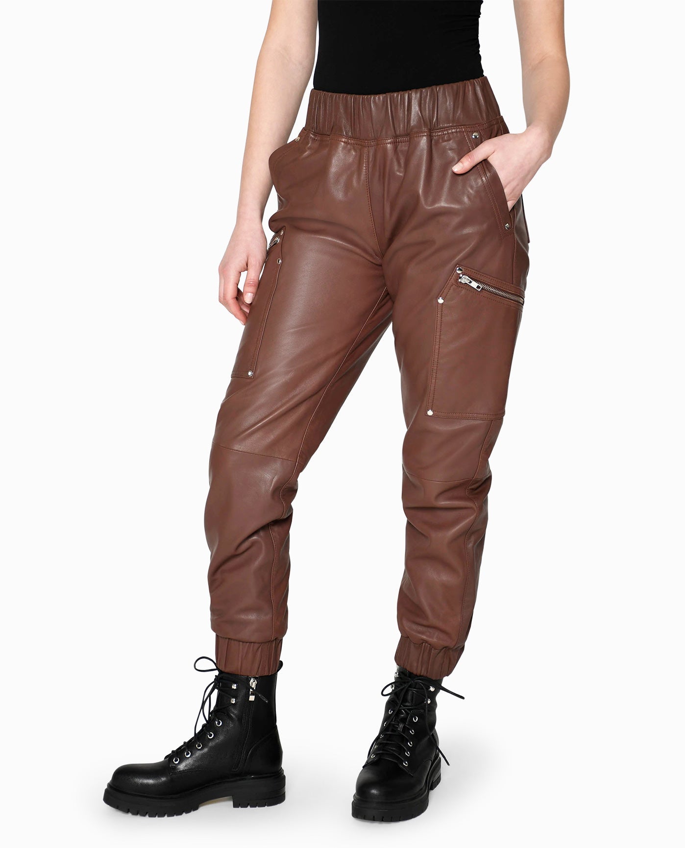 Side View View Of Nicole Miller Leather Space Jogger | NM BROWN