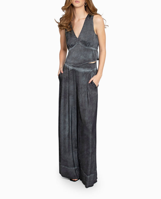 Front View Of Nicole Miller Garment Dyed Silk Wide Leg Pant | NM BLACK