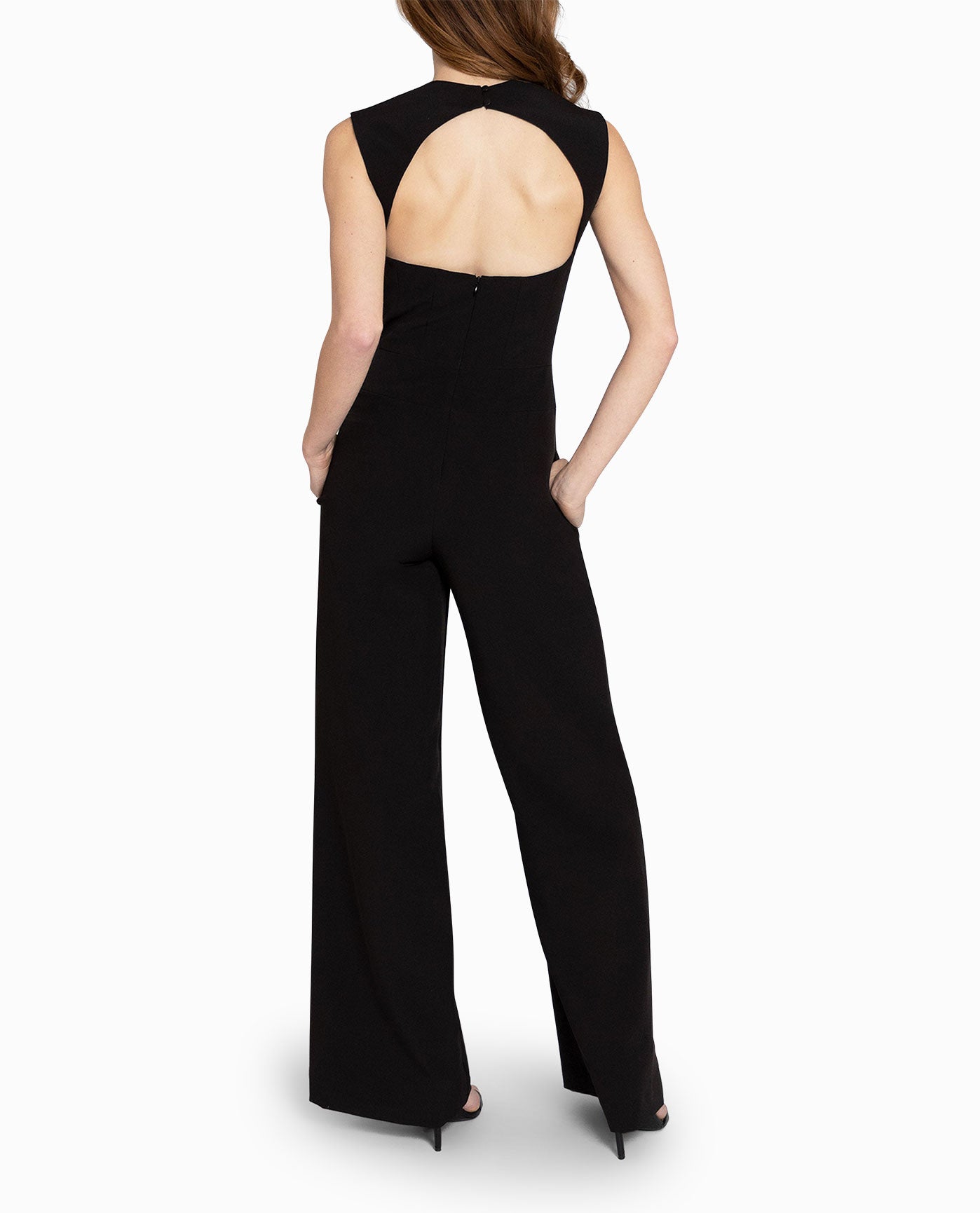 Back View Of Nicole Miller Heavy Jersey Wide Leg Jumpsuit | NM BLACK