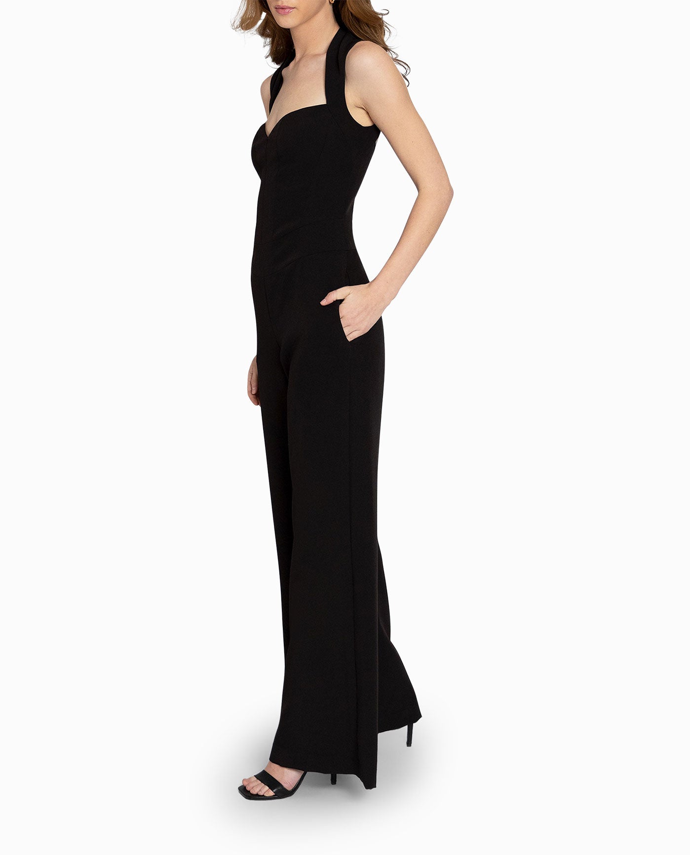 Side View View Of Nicole Miller Heavy Jersey Wide Leg Jumpsuit | NM BLACK