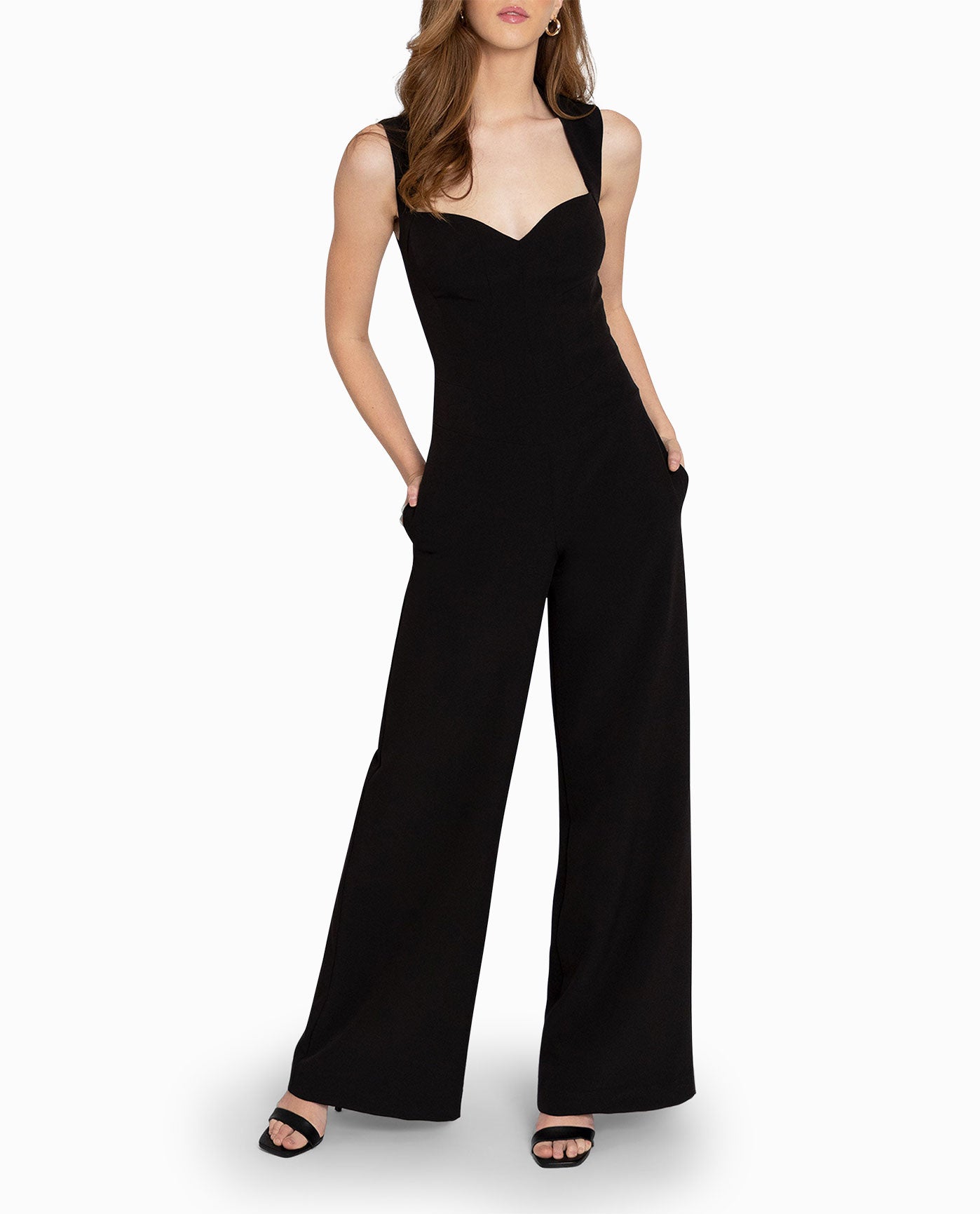 Front View Of Nicole Miller Heavy Jersey Wide Leg Jumpsuit | NM BLACK