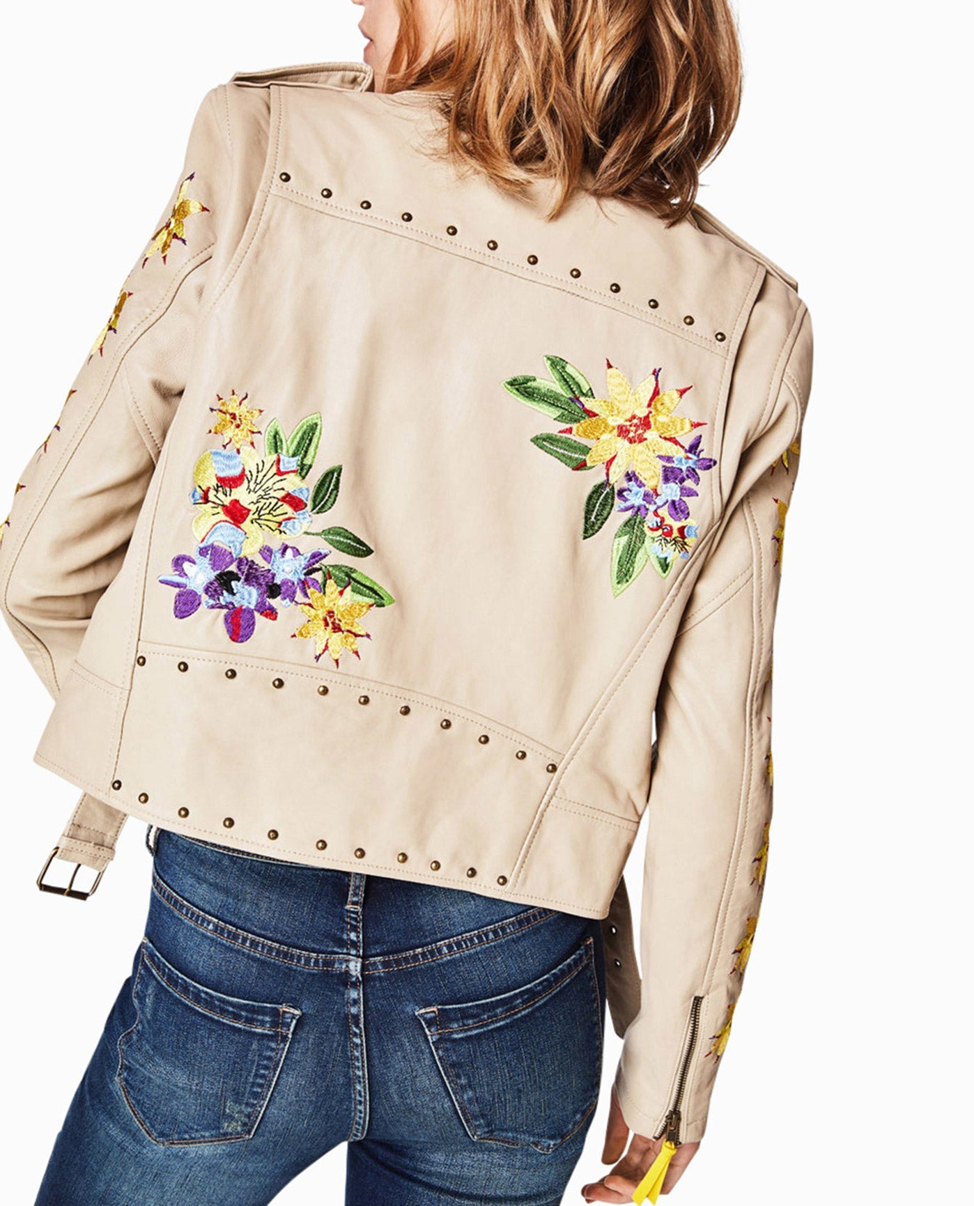 Back View Of Nicole Miller Amazon Embroidered Moto Jacket | NM SAFARI SAND