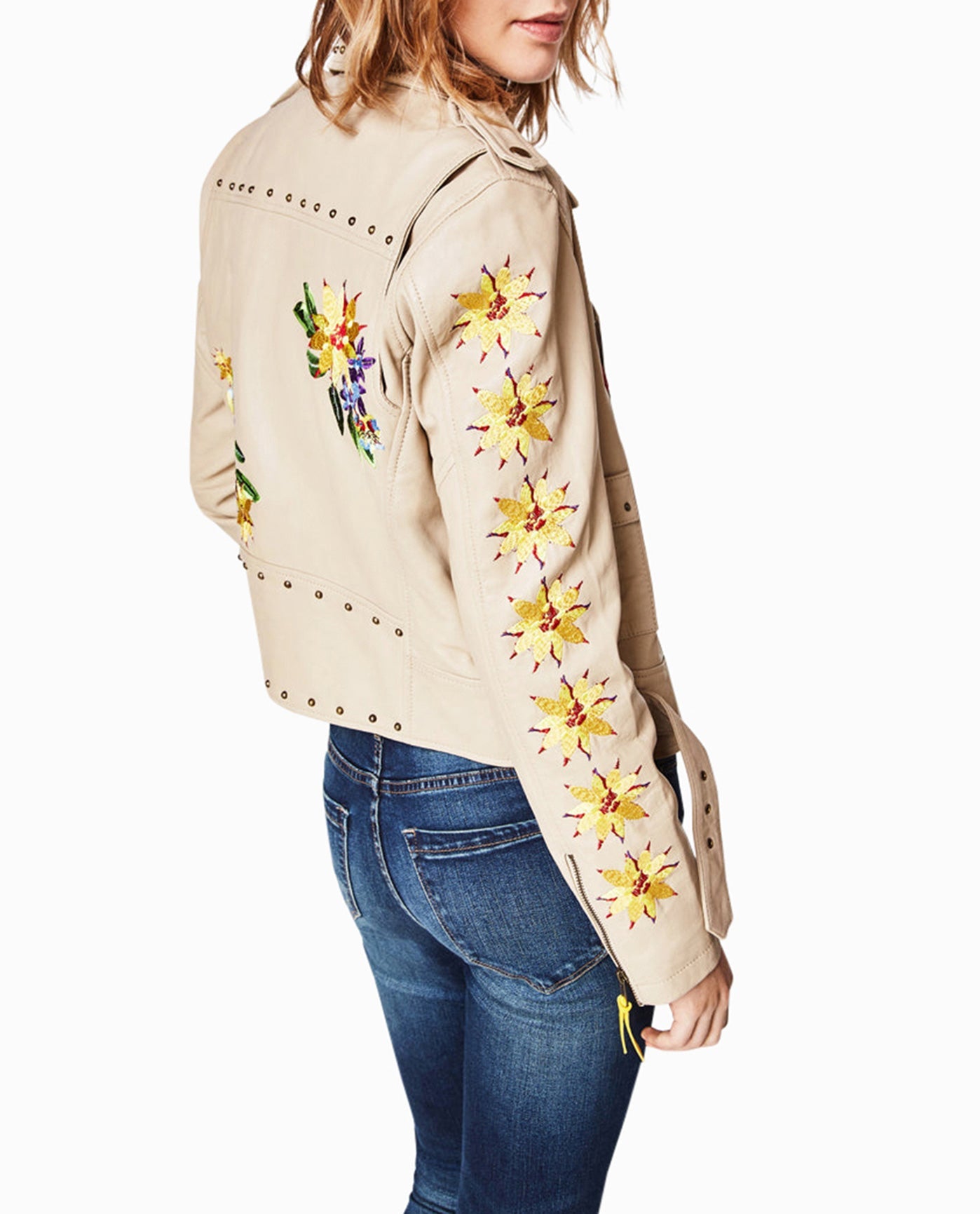 Side View View Of Nicole Miller Amazon Embroidered Moto Jacket | NM SAFARI SAND