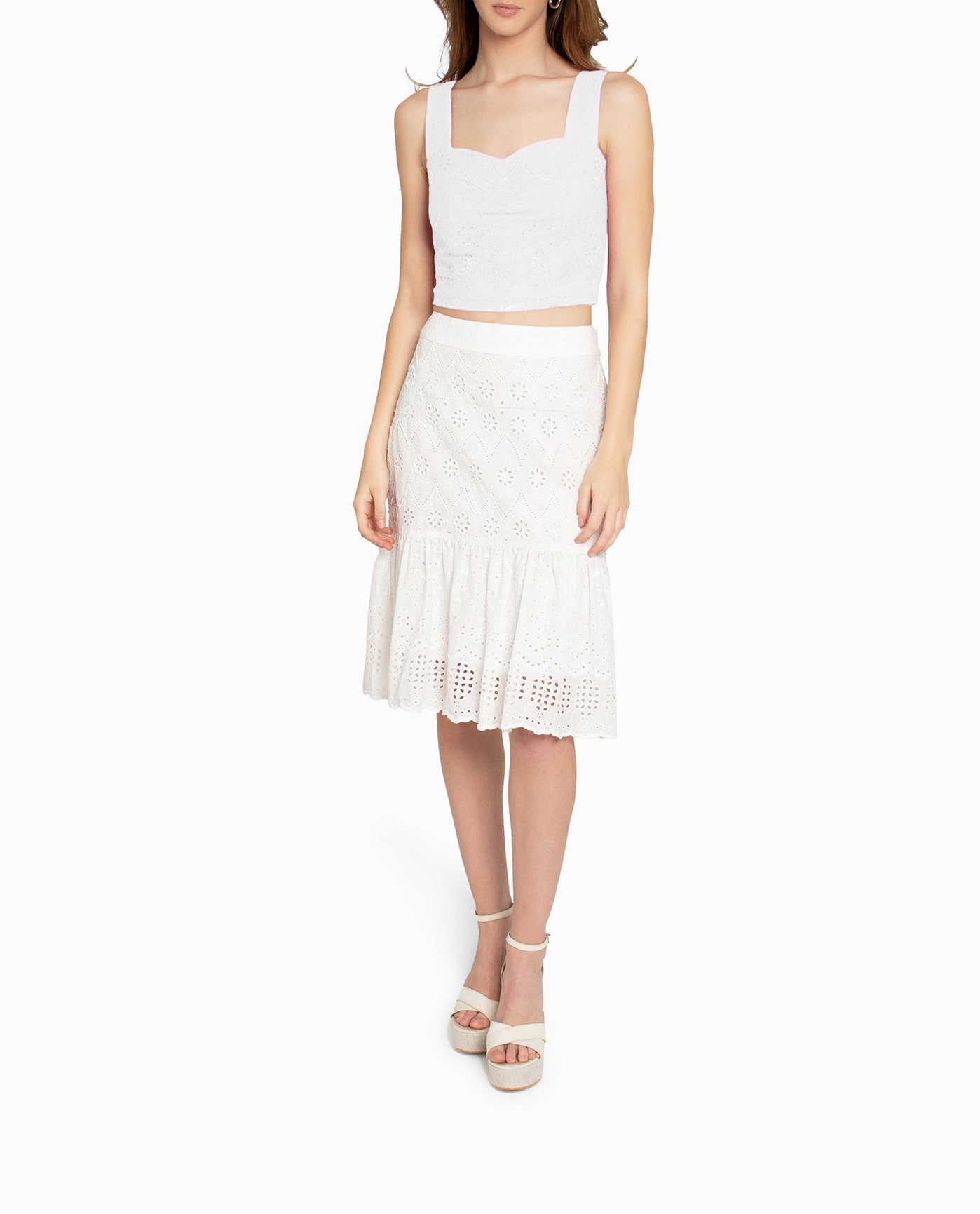 Front View Of Nicole Miller Embellished Eyelet Mini Skirt | NM WHITE