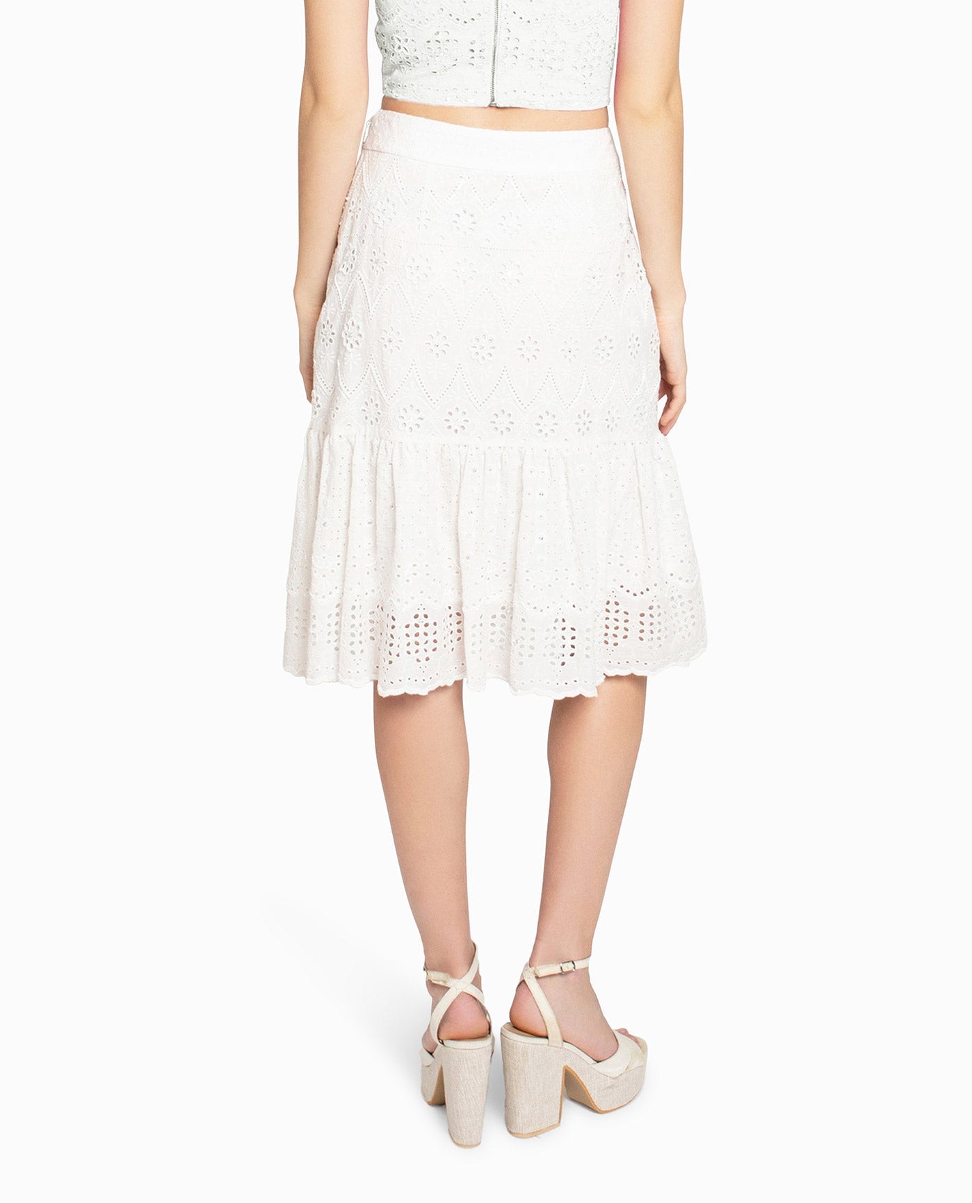 Back View Of Nicole Miller Embellished Eyelet Mini Skirt | NM WHITE