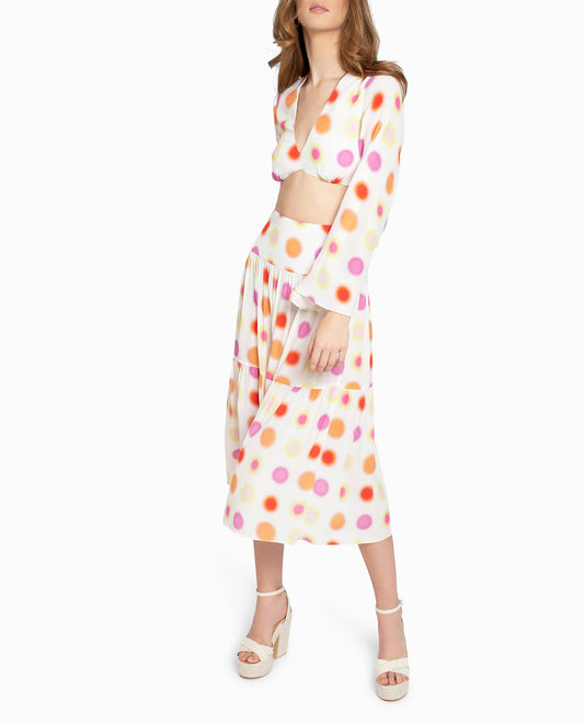 Front View Of Nicole Miller Radiant Aura Silk Midi Skirt | NM WHITE AURA DOT