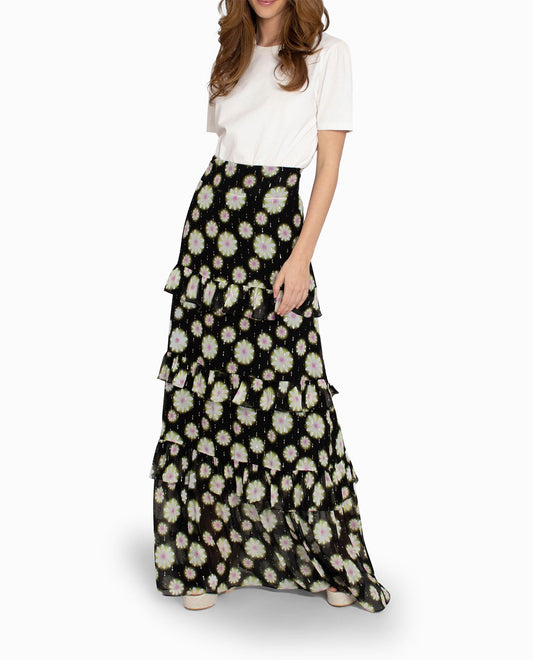 Front View Of Nicole Miller Hazy Daisy Tiered Maxi Skirt | NM HAZY DAISY