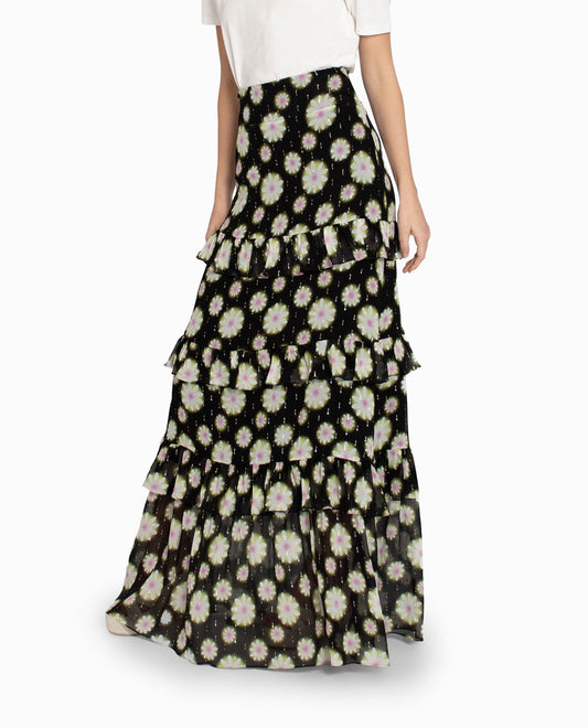 Back View Of Nicole Miller Hazy Daisy Tiered Maxi Skirt | NM HAZY DAISY