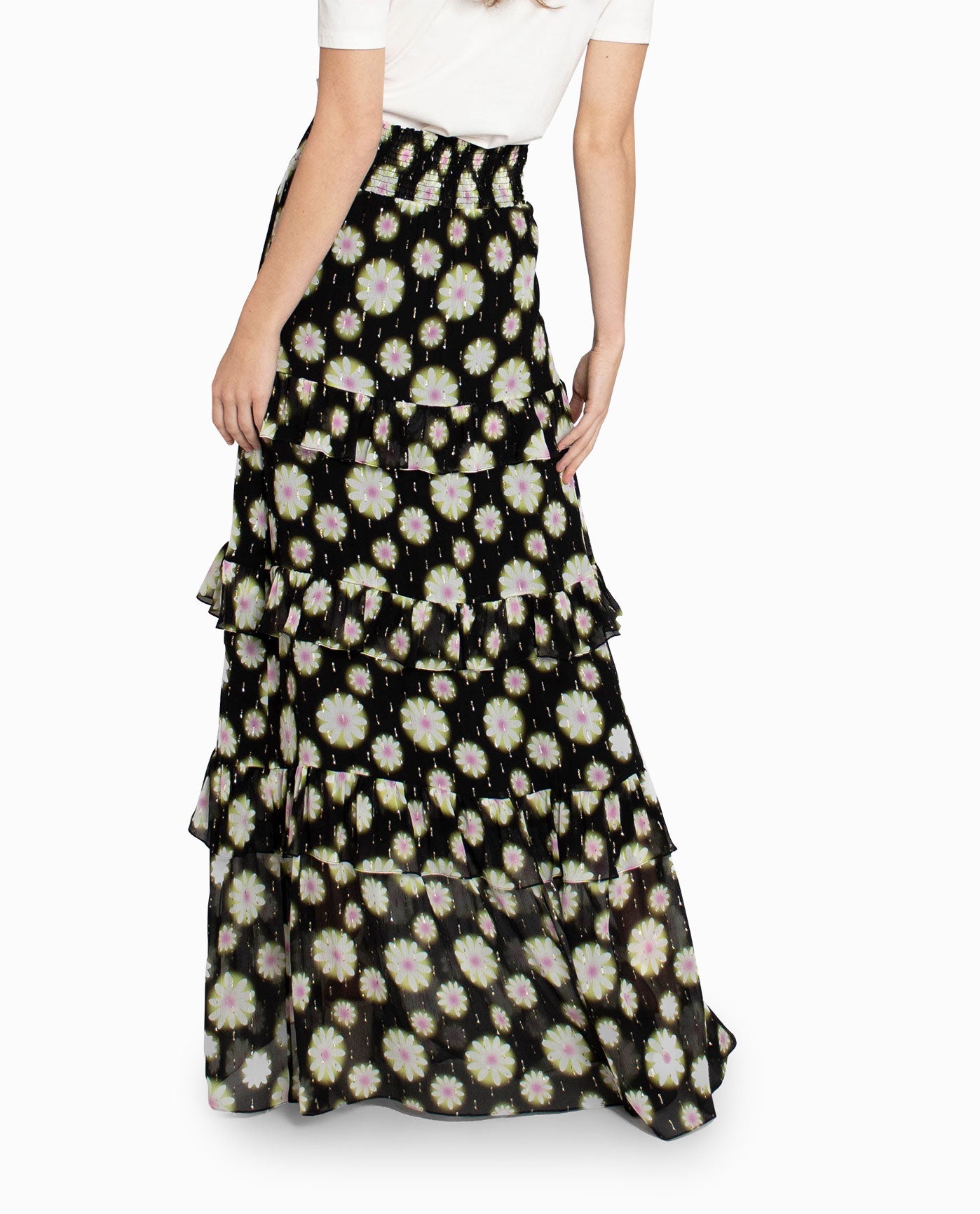 Side View View Of Nicole Miller Hazy Daisy Tiered Maxi Skirt | NM HAZY DAISY