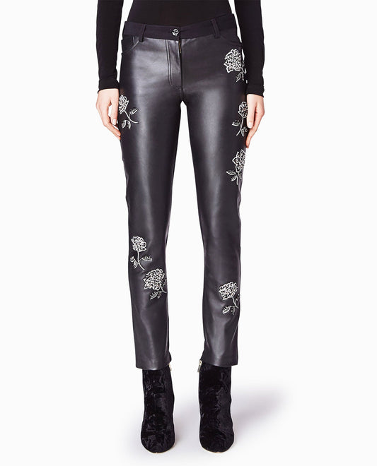 Front View Of Nicole Miller Embellished Rose Pant | NM BLACK EMBELLISHED ROSE