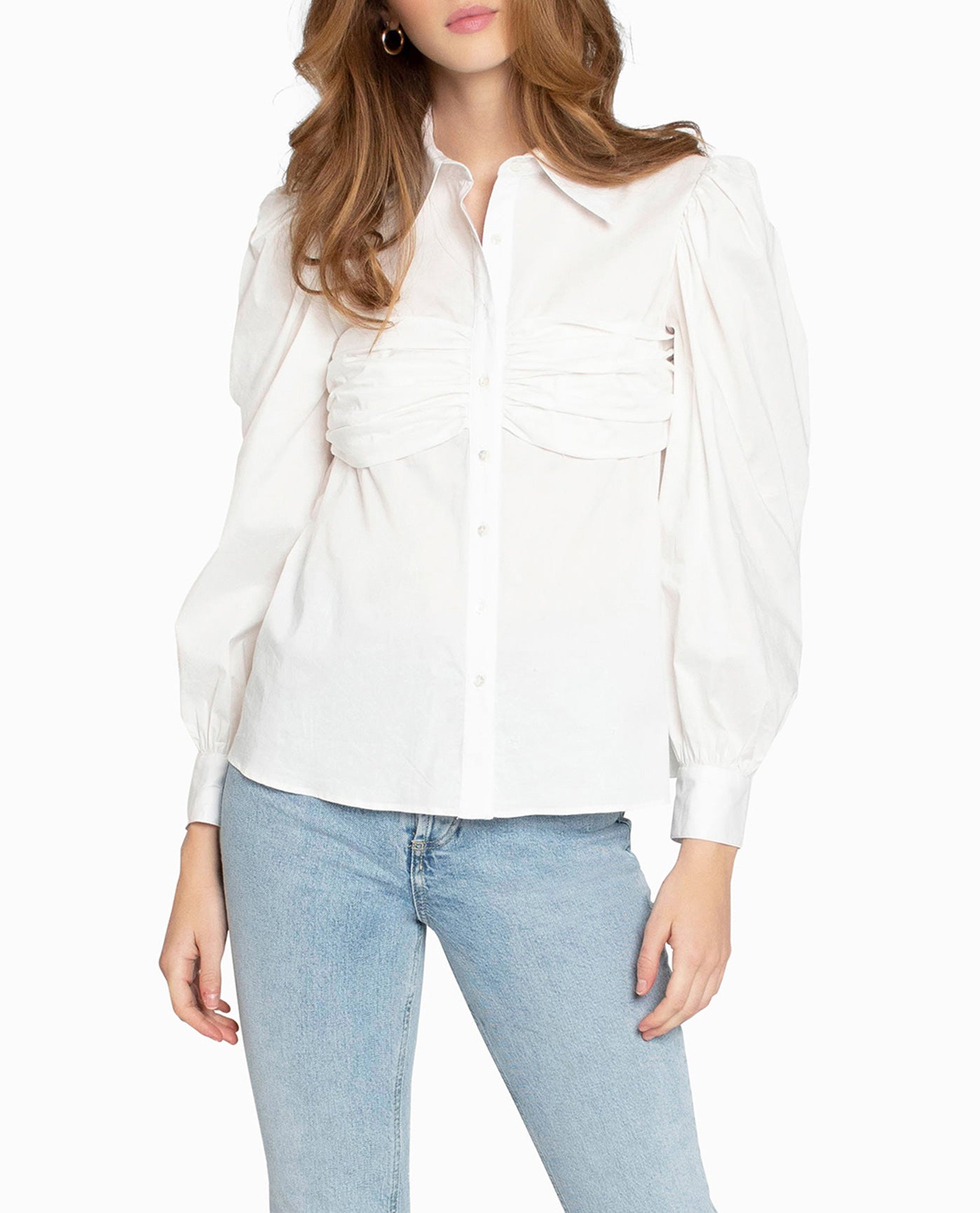 Front View Of Nicole Miller Cotton Poplin Button Down | NM WHITE