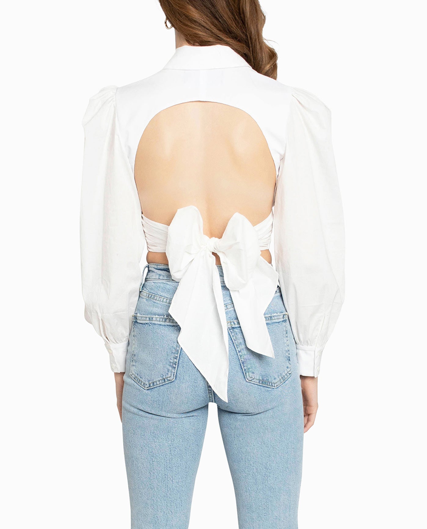 Back View Of Nicole Miller Cotton Poplin Wrap Top | NM WHITE