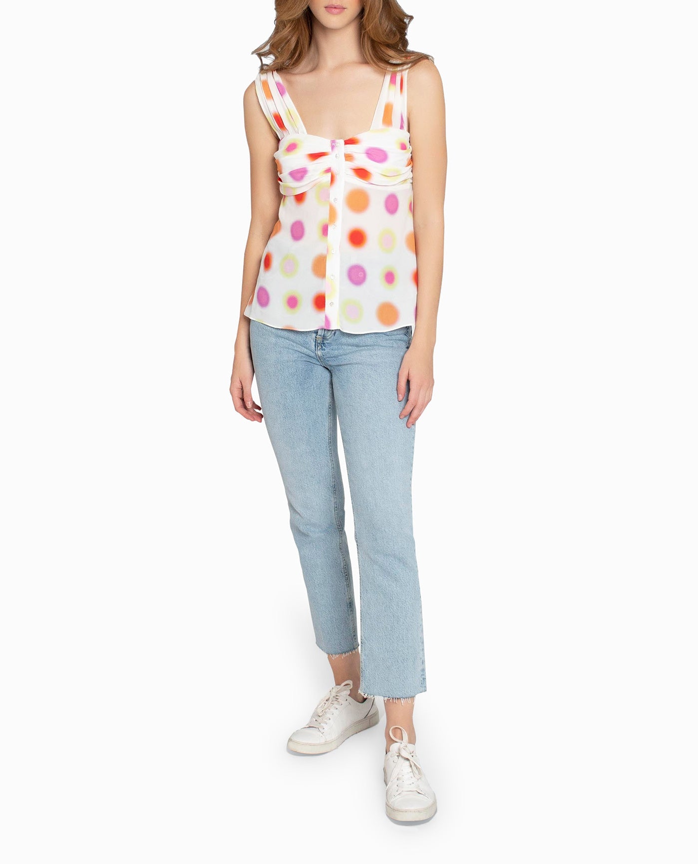 Front View Of Nicole Miller Radiant Aura Silk Top | NM WHITE AURA DOT