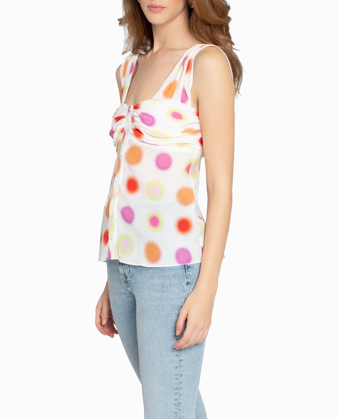 Side View View Of Nicole Miller Radiant Aura Silk Top | NM WHITE AURA DOT