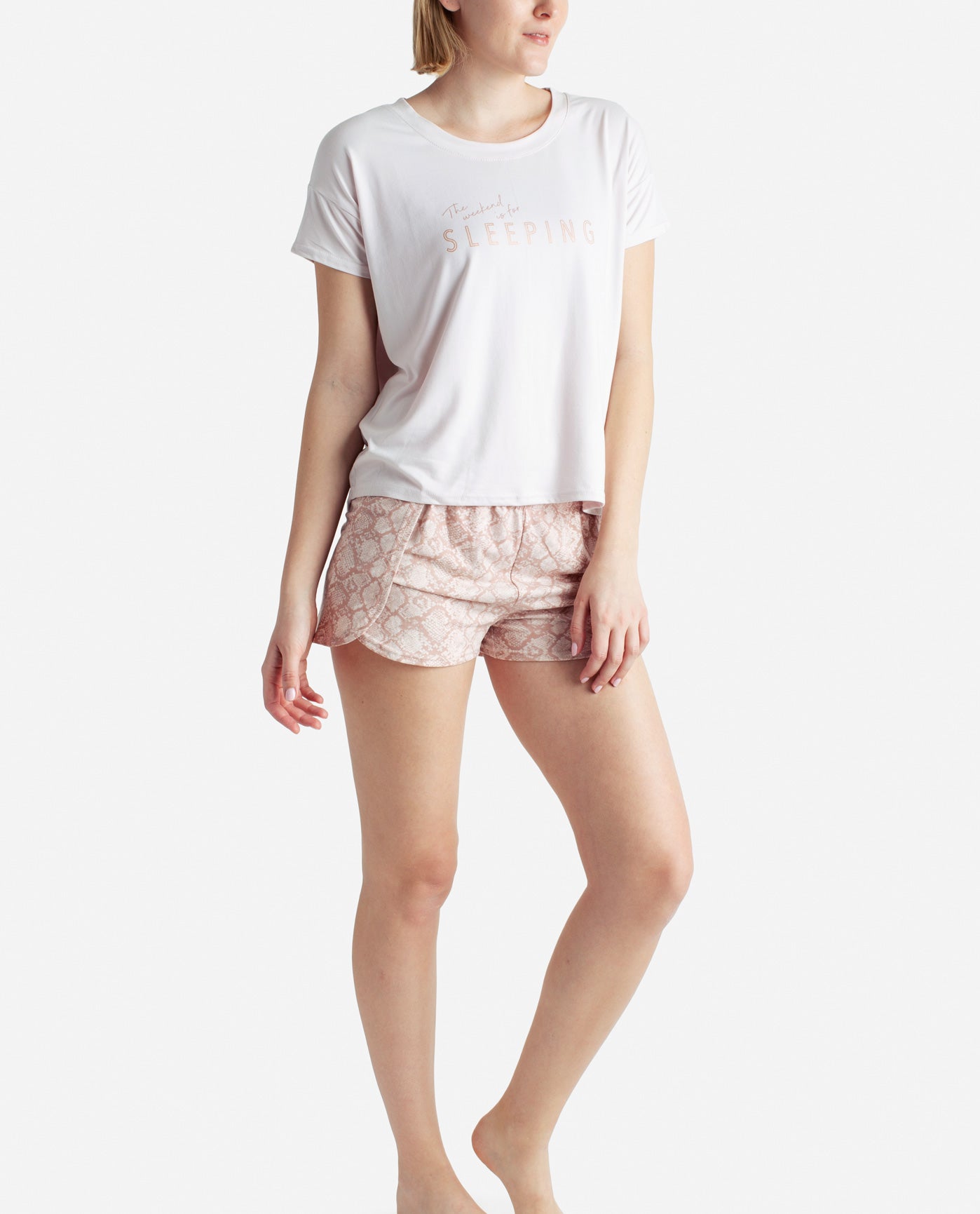 Side View of Danskin Soft Dahlia Short Sleeve Sleep Set With Shorts | DSK SOFT DAHLIA