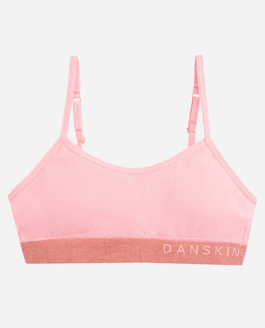Front View of Danskin Peach Puree Multicolor Girls 3-Pack Seamless Bra With Lurex Logo Band | DSK PEACH PUREE MULTICOLOR