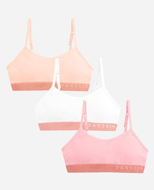 Group View of Danskin Peach Puree Multicolor Girls 3-Pack Seamless Bra With Lurex Logo Band | DSK PEACH PUREE MULTICOLOR
