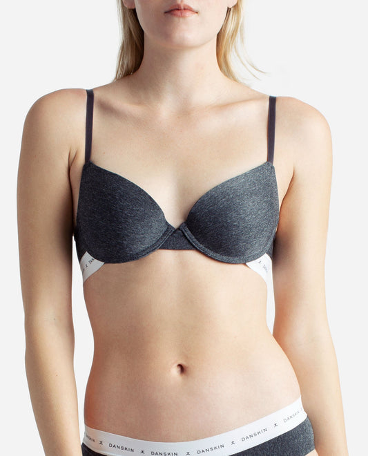 Front View of Danskin Heather Grey And Gemini 2-Pack Push Up Bra With Danskin Logo Elastic Band | DSK HEATHER GREY AND GEMINI