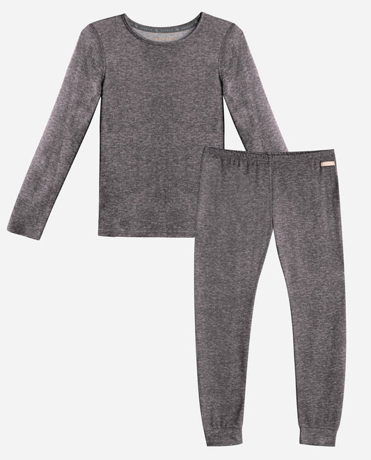 Front View of Danskin Charcoal Heather Girls Hacci Layering Set | DSK CHARCOAL HEATHER