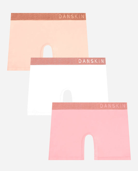 Front View Of Danskin Peach Puree And White Multi Girls 3-Pack Seamless Boyshort Underwear With Lurex Logo Band | DSK PEACH PUREE AND WHITE MULTI